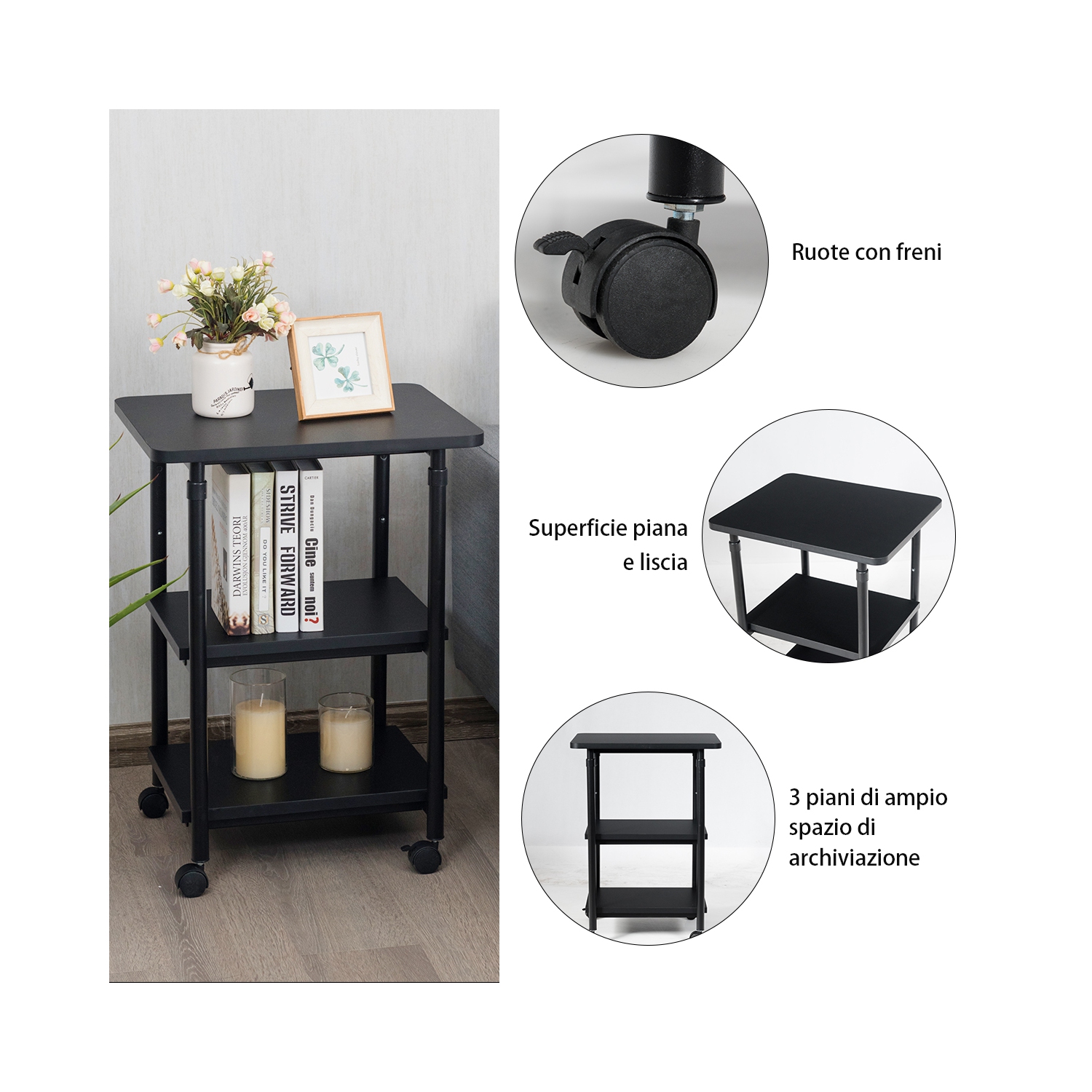 TopBuy – Chariot pour imprimante à 3 niveaux ajustable à roulettes avec 3 tablettes de rangement pour imprimante pour le bureau à la maison