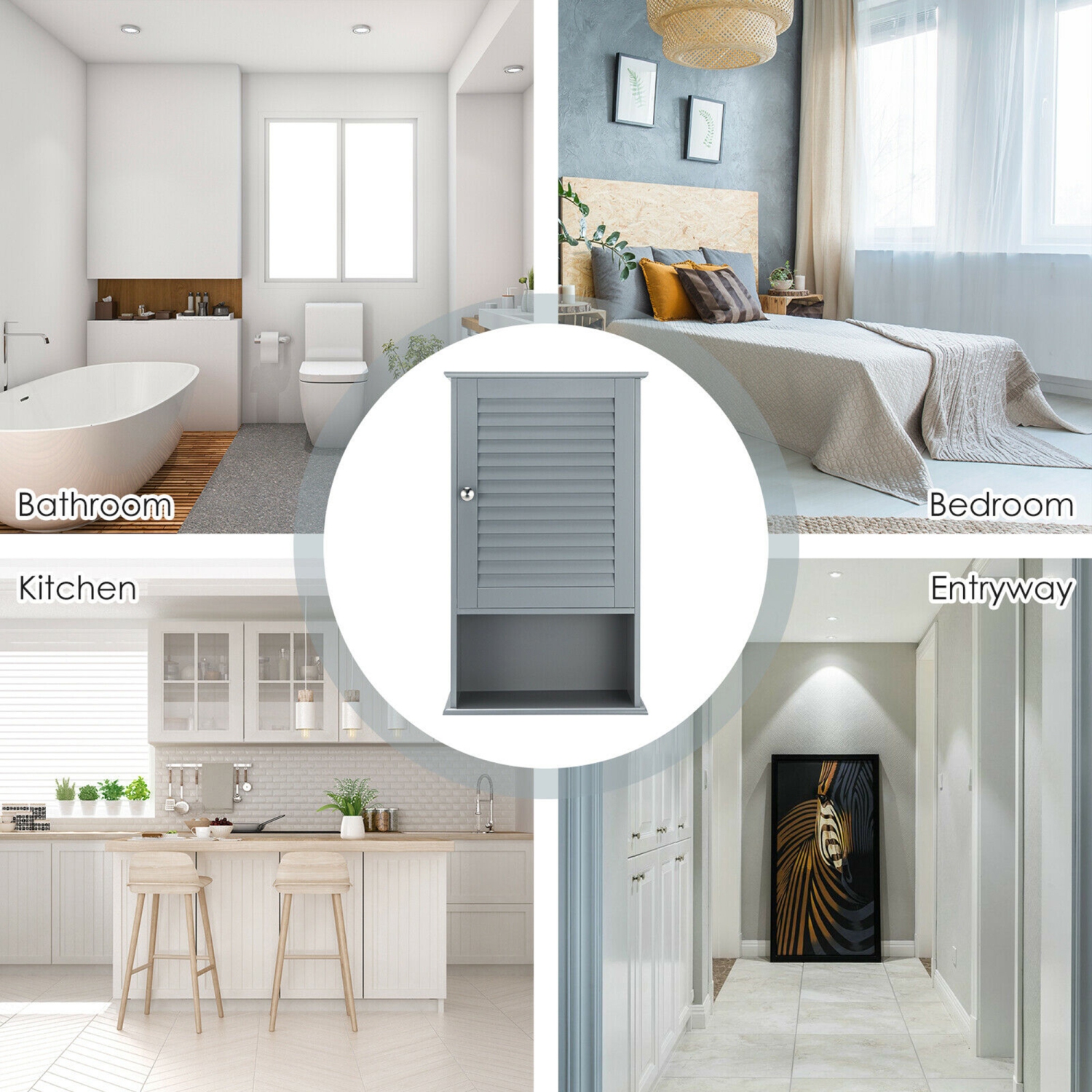 Gymax Bathroom Wall Mount Storage Cabinet Single Door w/Height Adjustable Shelf Grey