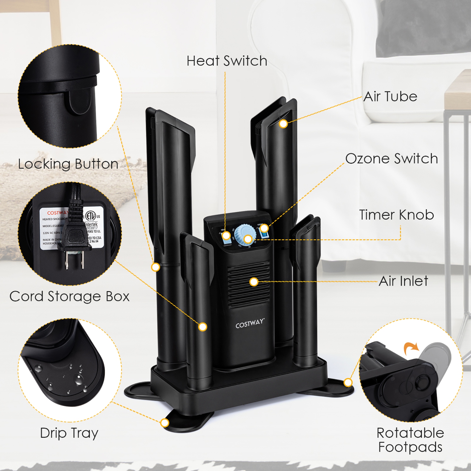 Costway Electric Shoe Boot Dryer 4 Shoes W/ Ozone Disinfection 180 Mins Timer