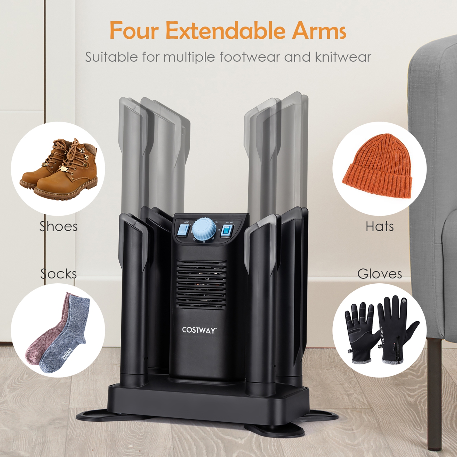 Costway Electric Shoe Boot Dryer 4 Shoes W/ Ozone Disinfection 180 Mins Timer