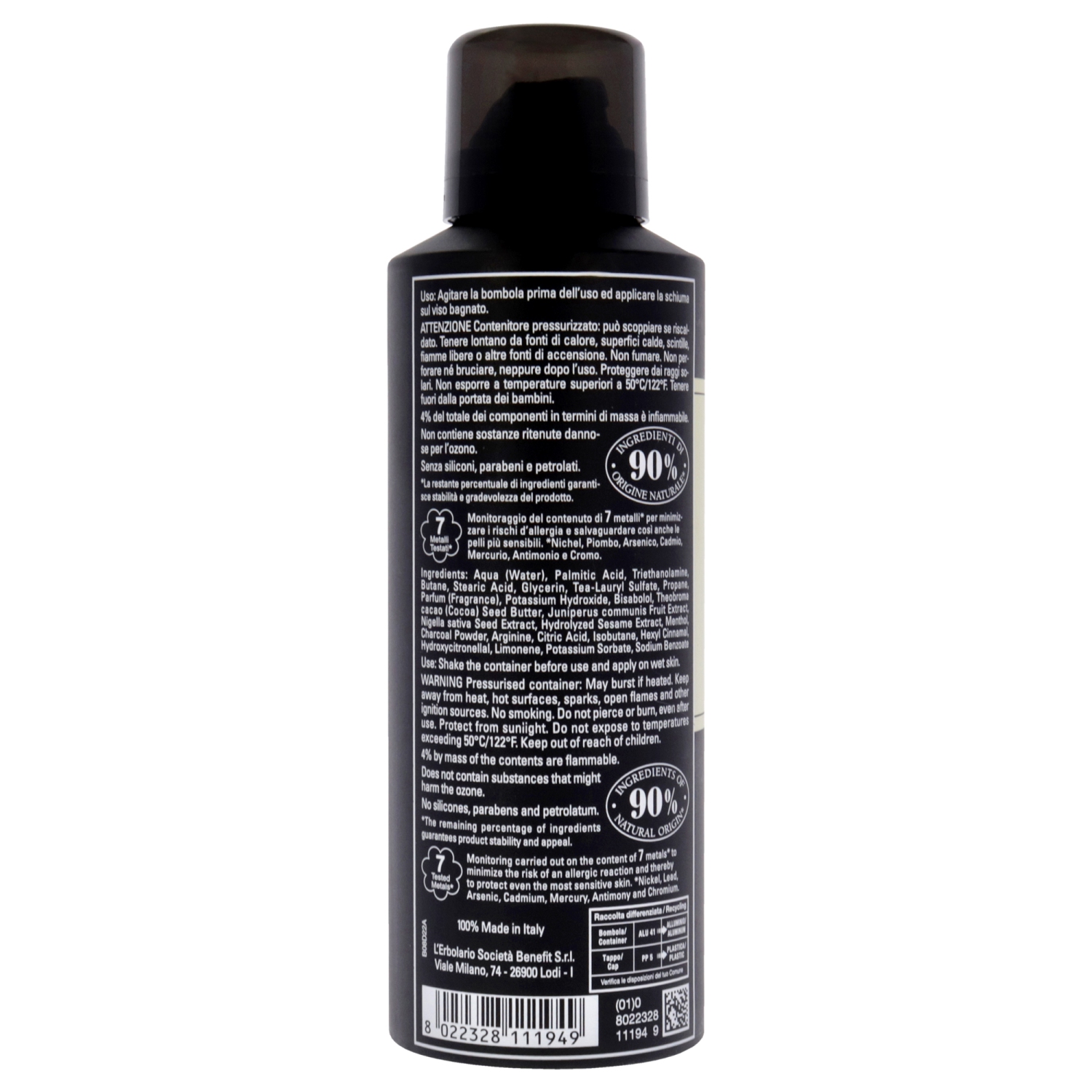 Black Juniper Energising Shaving Foam by LErbolario for Men - 6.7 oz Shave Foam
