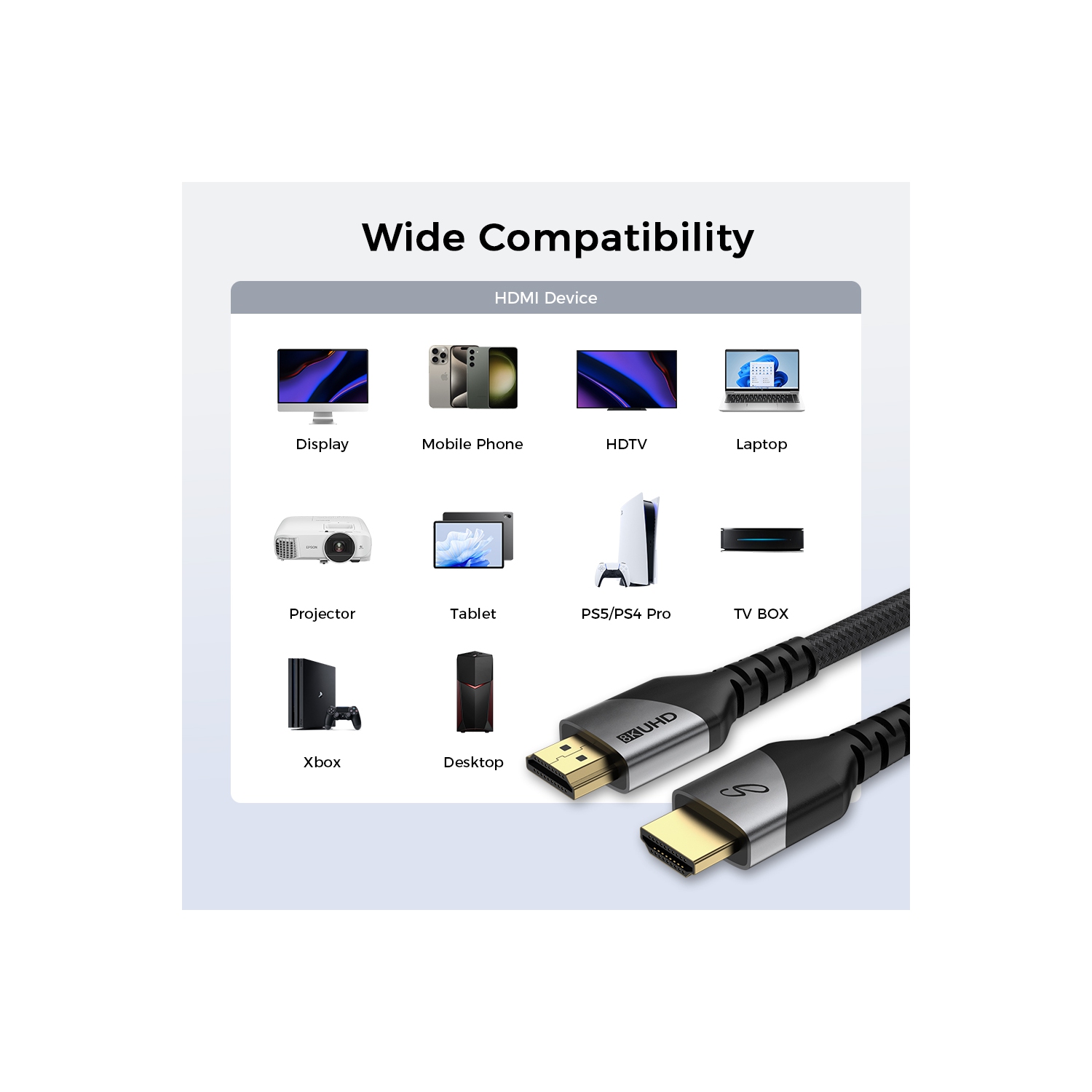 Saga 8K HDMI 2.1 Cable – 3M, 48Gbps Ultra HD, 8K@60Hz, 4K@120Hz, HDR10+, Dolby Atmos, eARC – Braided, Gold-Plated – PS5, Xbox, Smart TVs