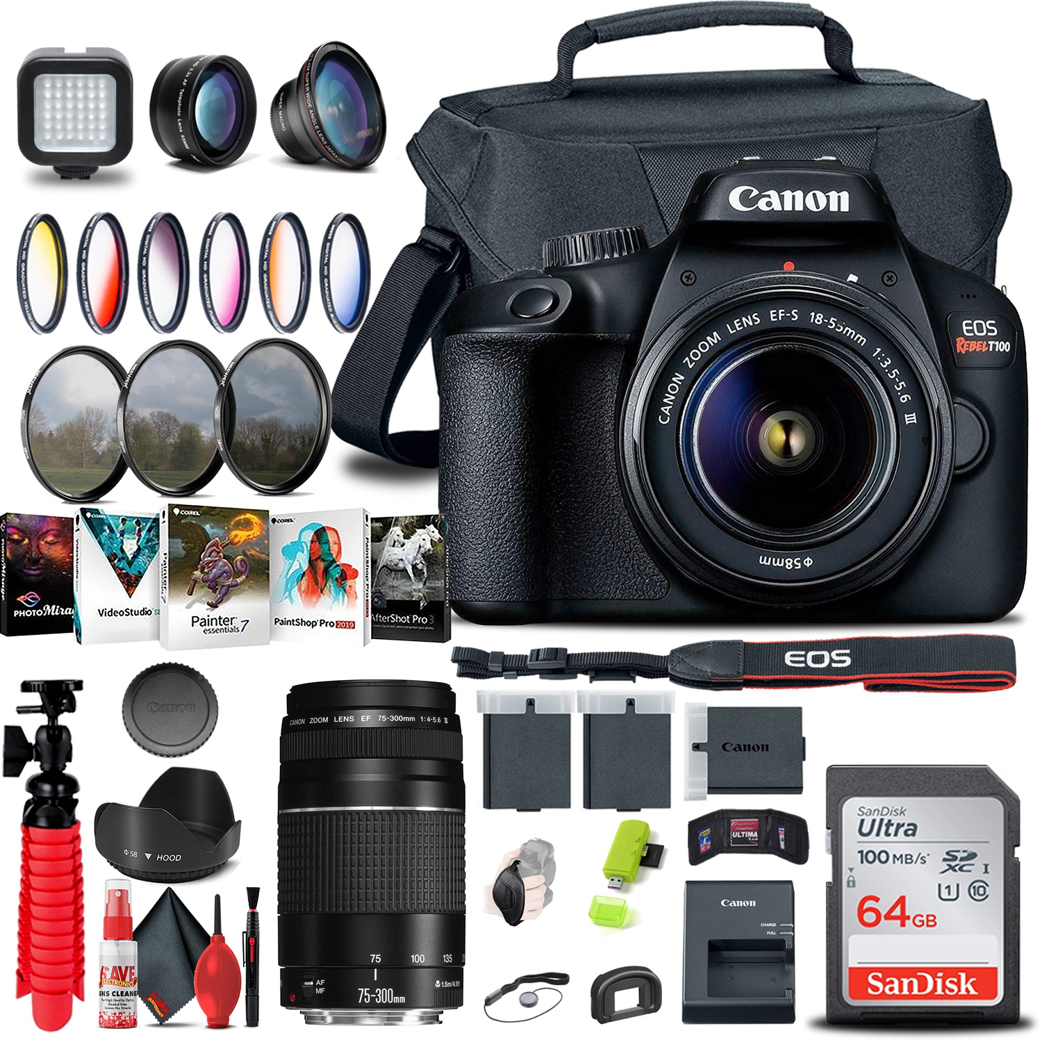 Canon EOS Rebel T100 / 4000D DSLR Camera with 18-55mm Lens + EF 75-300mm Outdoor bundle