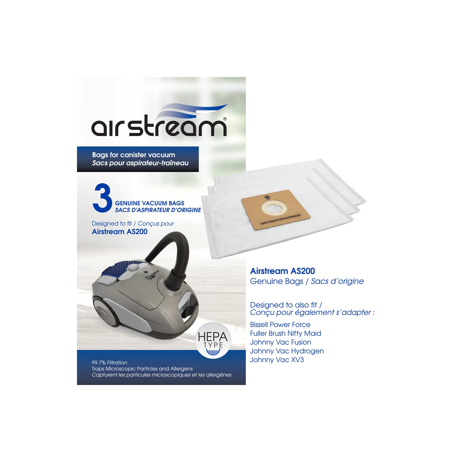 3 HEPA spare bags for Airstream AS200 vacuum