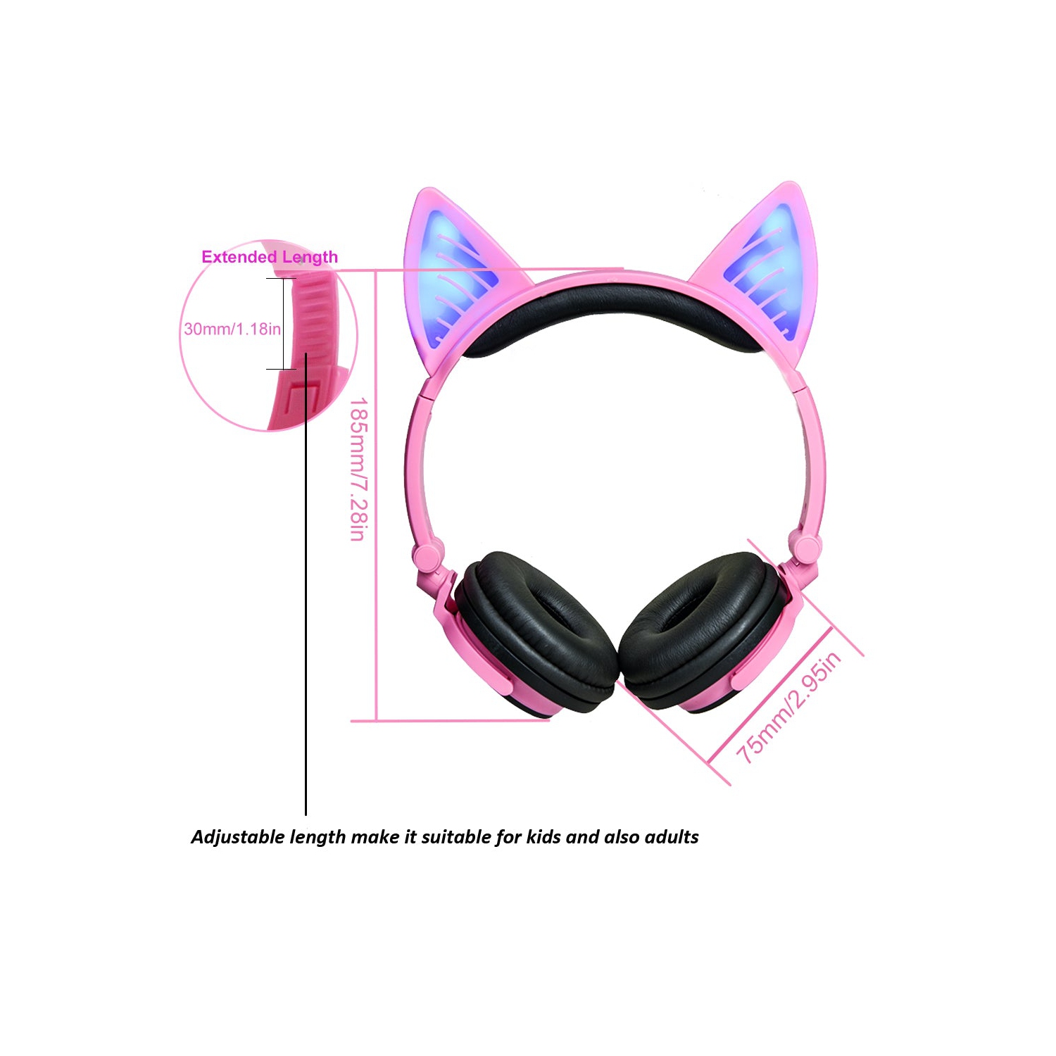 Kids Wireless/ Wired rechargeable Headphones with Cat Ear On-Ear Foldable LED