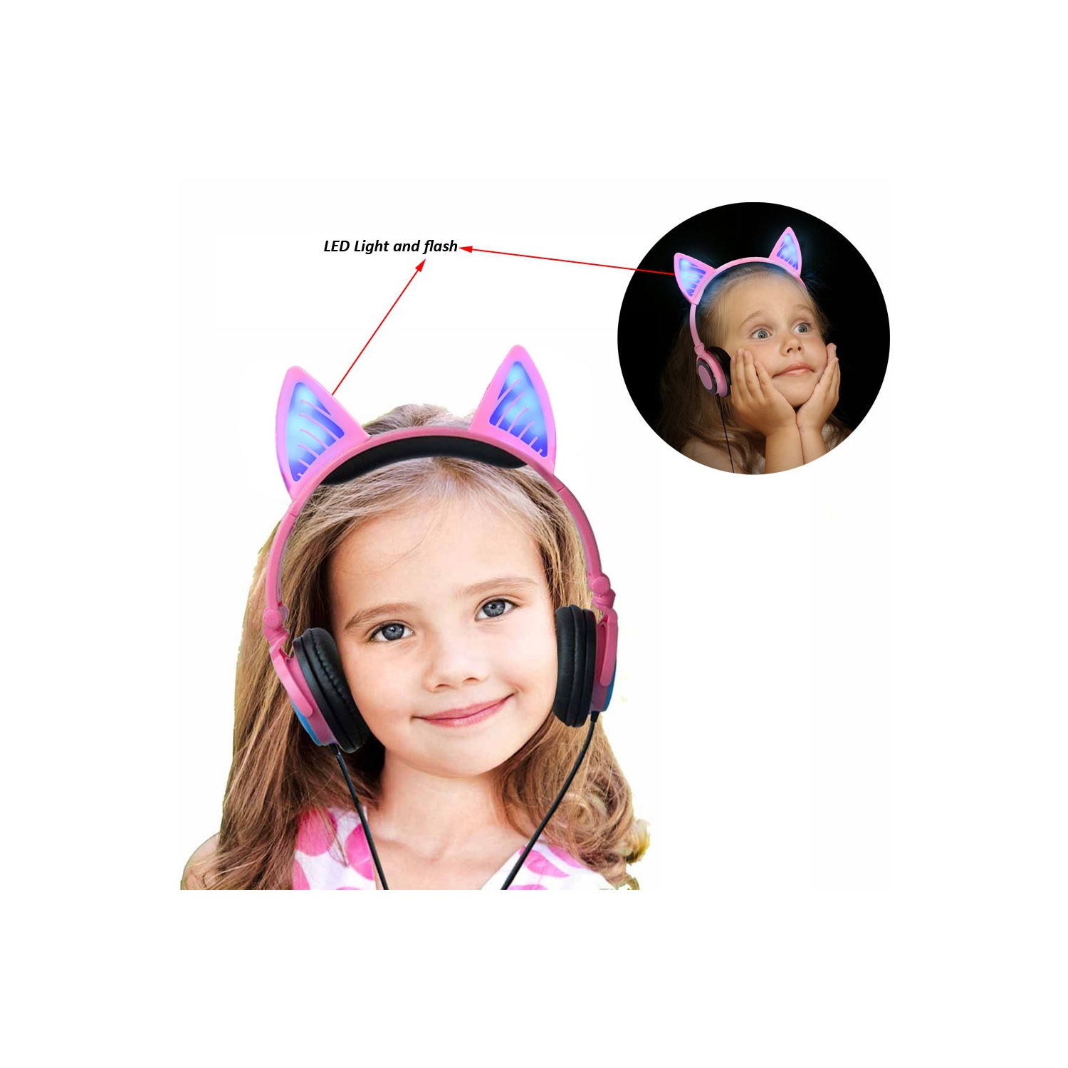 Kids Wireless/ Wired rechargeable Headphones with Cat Ear On-Ear Foldable LED