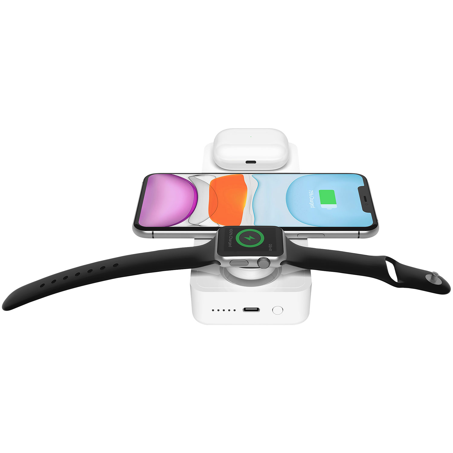 Chargeur portatif sans fil 3-en-1 d'Einova pour iPhone - Blanc