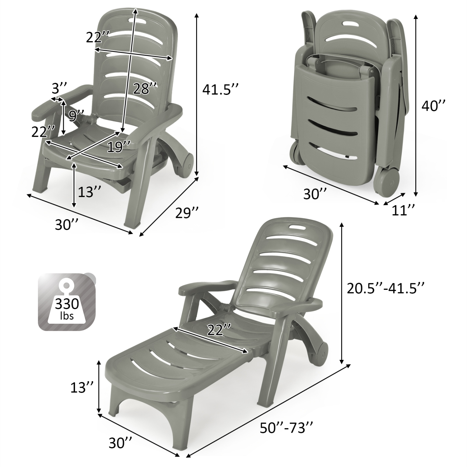 Patiojoy Outdoor Chaise Lounge Chair 5-Position Folding Recliner for Beach Poolside Backyard White/Gray/Turquoise/Brown