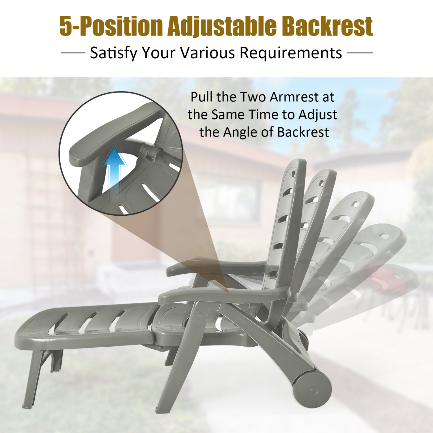 Patiojoy Outdoor Chaise Lounge Chair 5-Position Folding Recliner for Beach Poolside Backyard White/Gray/Turquoise/Brown