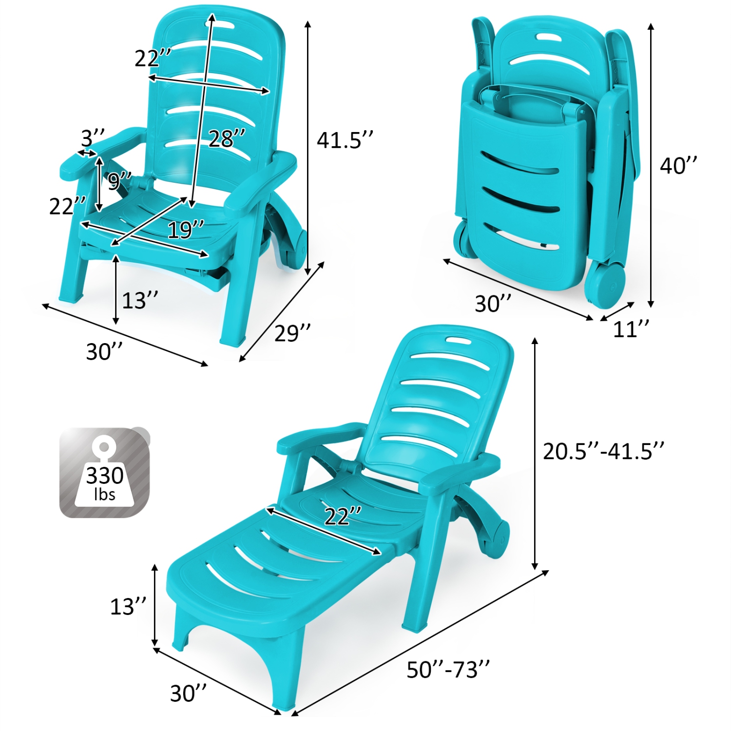Patiojoy Outdoor Chaise Lounge Chair 5-Position Folding Recliner for Beach Poolside Backyard White/Gray/Turquoise/Brown