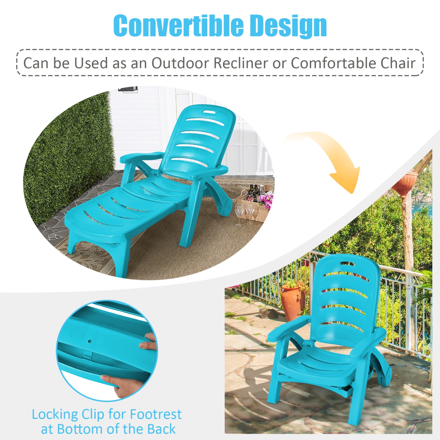 Patiojoy Outdoor Chaise Lounge Chair 5-Position Folding Recliner for Beach Poolside Backyard White/Gray/Turquoise/Brown