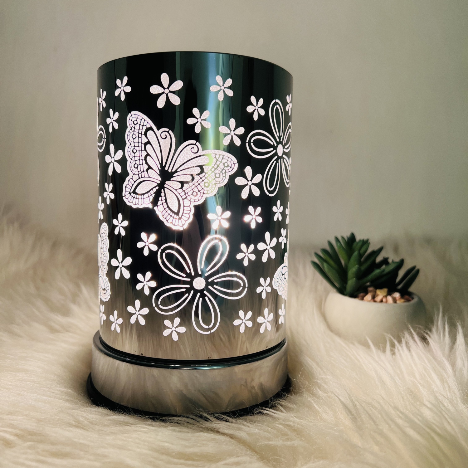 Lampe tactile de 7 po/brûleur à huile essentielle/distributeur de cire parfumée/décoration de table papillon argentée