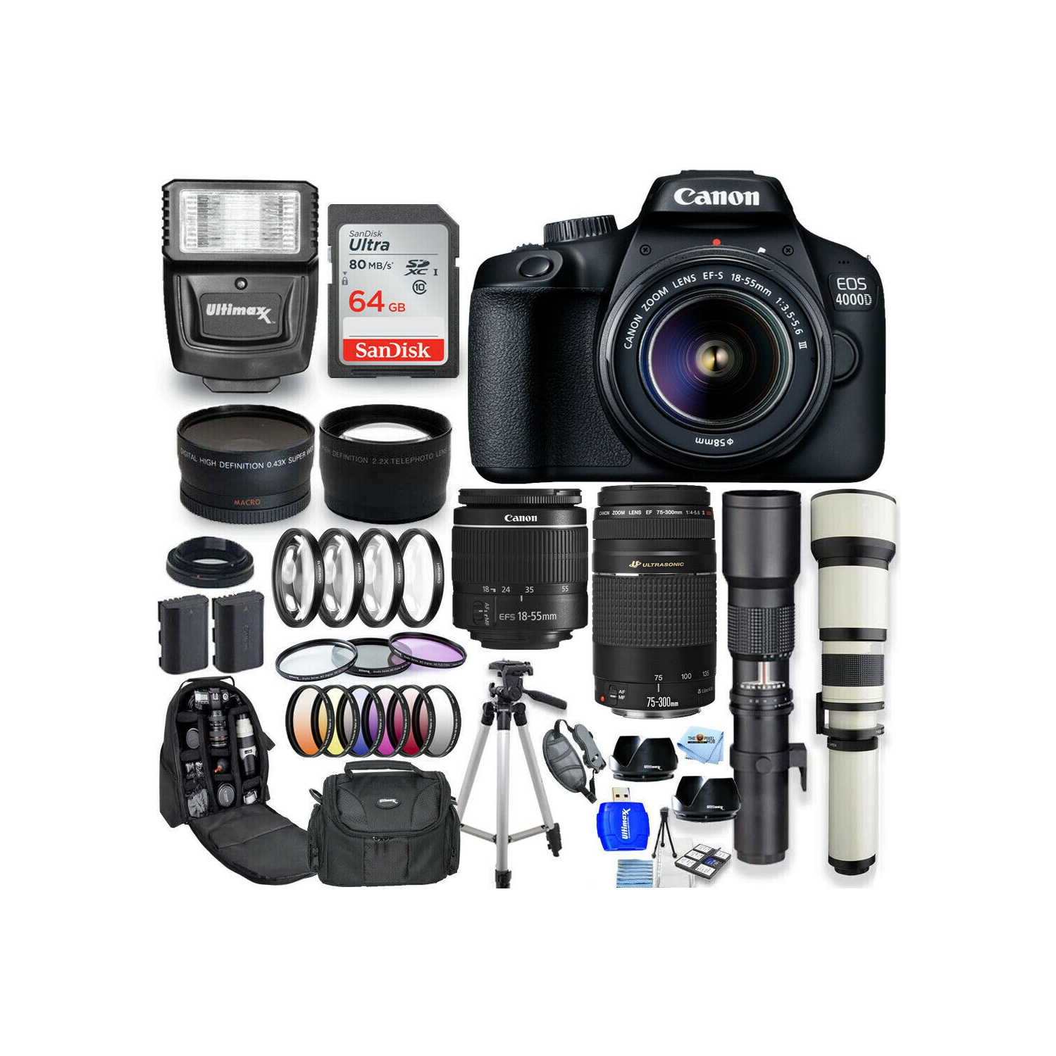 Canon EOS 4000D / Rebel T100 18-55mm + 75-300mm + 500mm + 650-1300mm 64GB Bundle