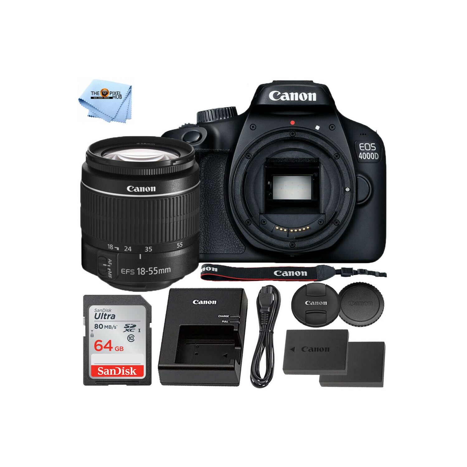 Canon EOS 4000D / Rebel T100 with EF-S 18-55mm III Lens + EXT BATT + 64GB Bundle