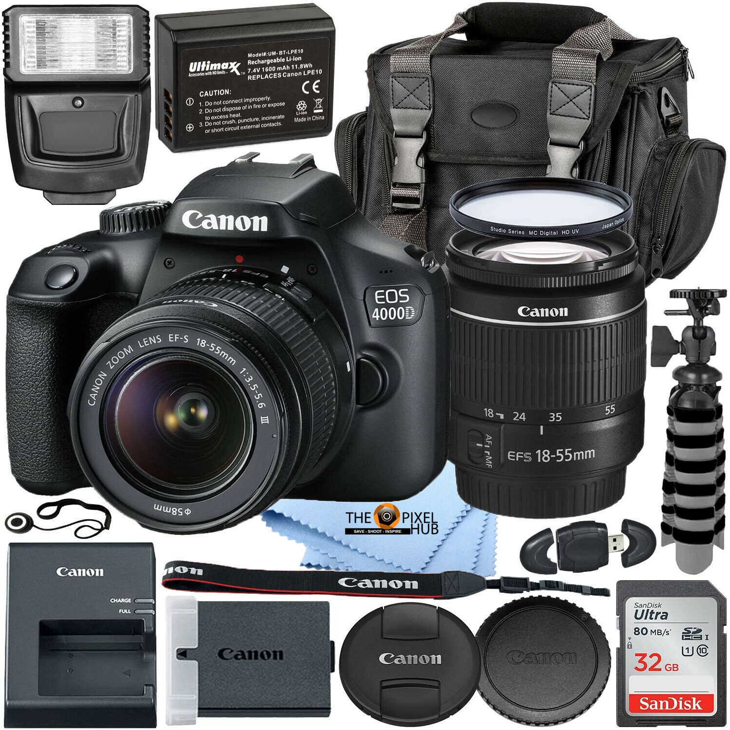 Canon EOS 4000D avec objectif EF-S 18-55 mm f/3.5-5.6 III + 32 Go + pack batterie supplémentaire