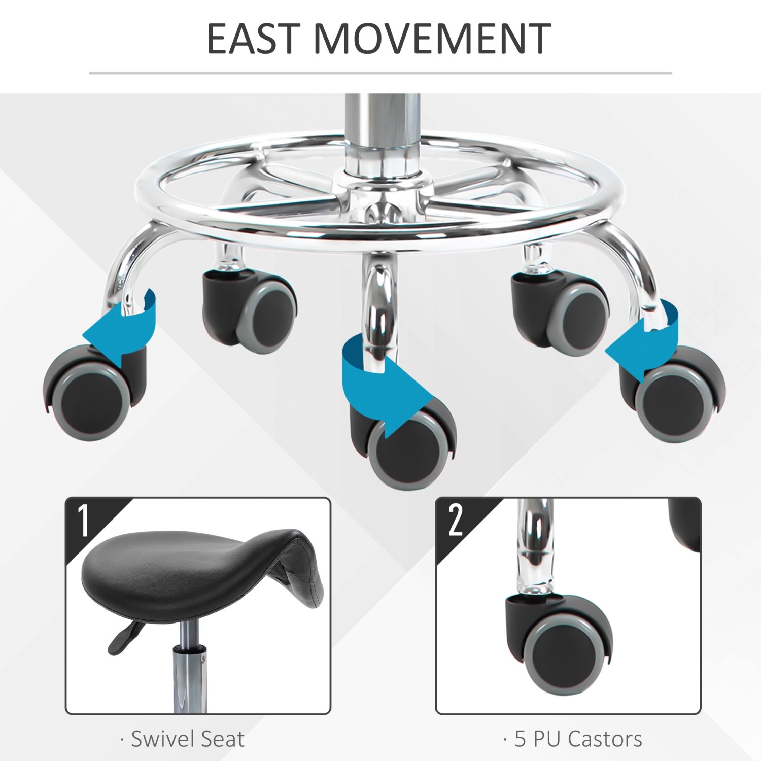 HOMCOM Saddle Stool, PU Leather Adjustable Rolling Salon Chair for Massage, Spa, Clinic, Beauty and Tattoo, Black