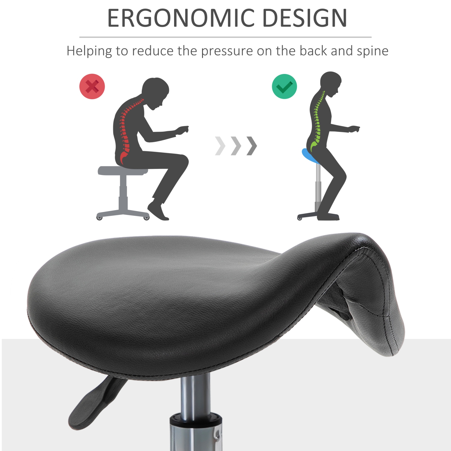 HOMCOM Saddle Stool, PU Leather Adjustable Rolling Salon Chair for Massage, Spa, Clinic, Beauty and Tattoo, Black