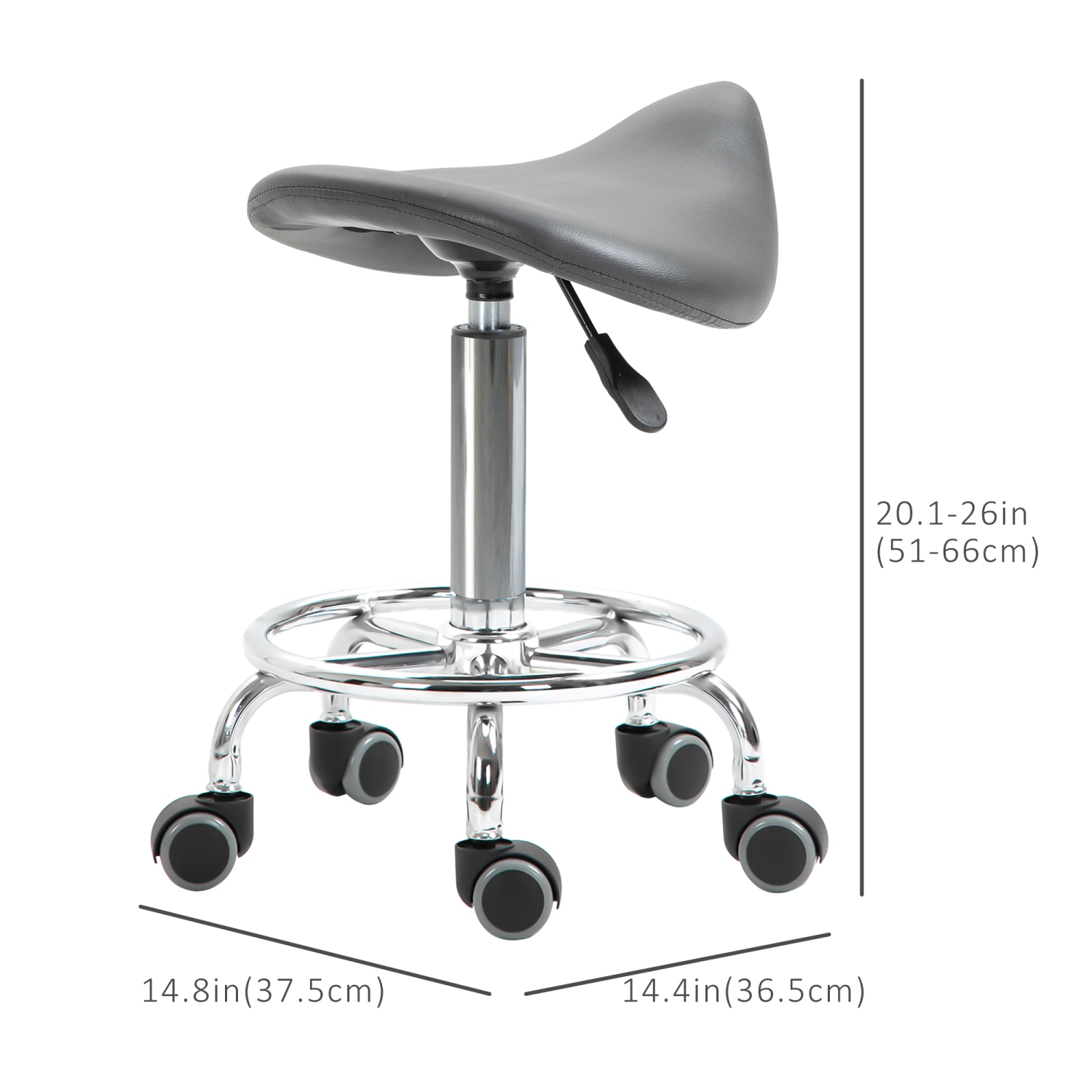 HOMCOM Saddle Stool, PU Leather Adjustable Rolling Salon Chair for Massage, Spa, Clinic, Beauty and Tattoo, Grey