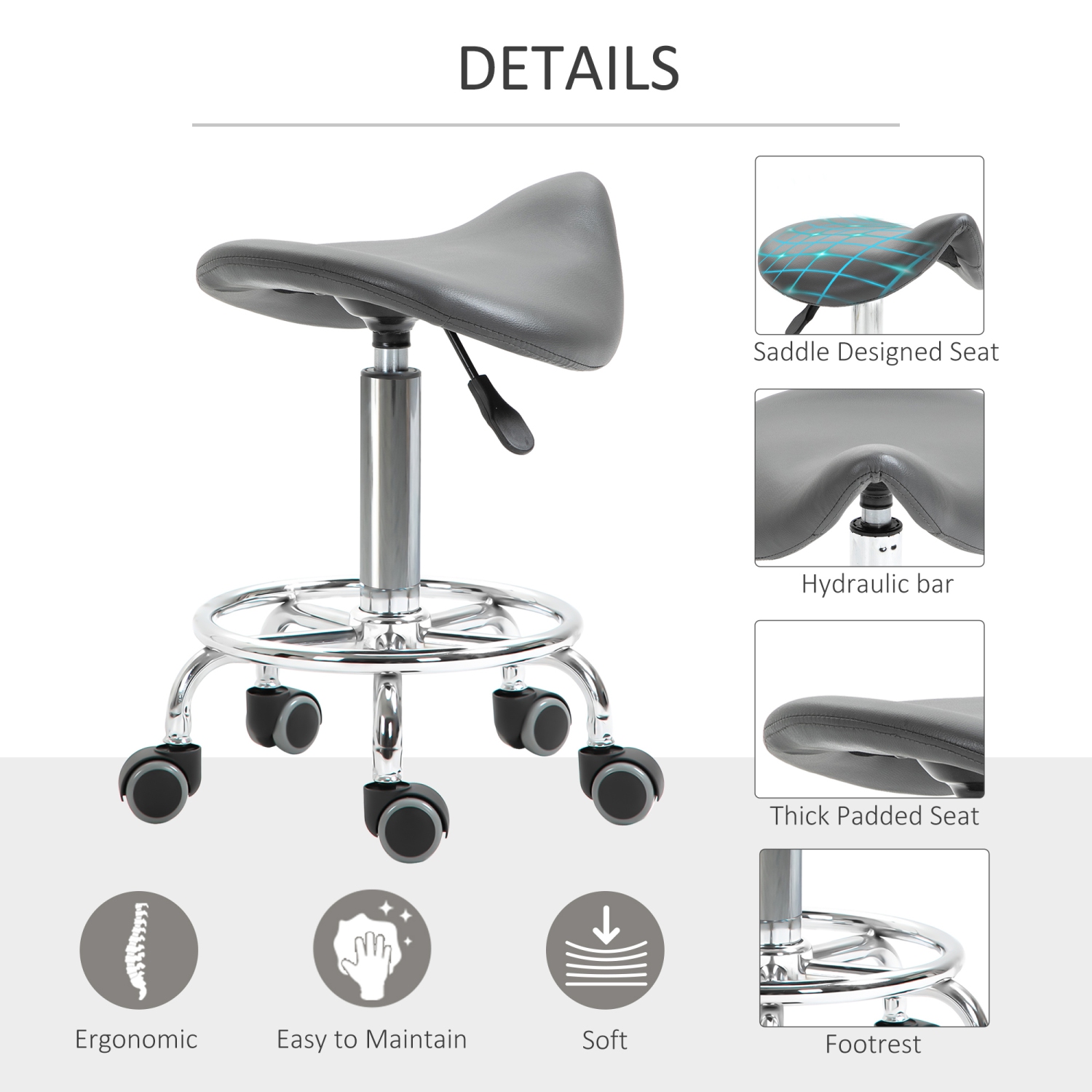 HOMCOM Saddle Stool, PU Leather Adjustable Rolling Salon Chair for Massage, Spa, Clinic, Beauty and Tattoo, Grey