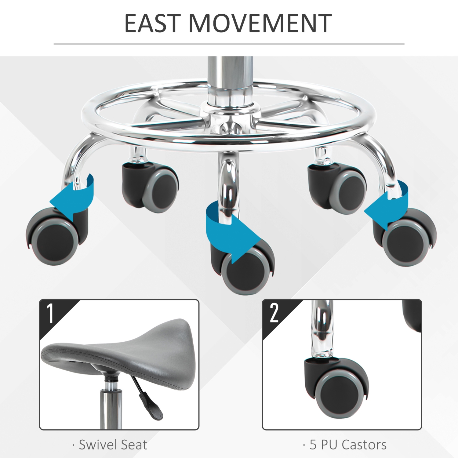 HOMCOM Saddle Stool, PU Leather Adjustable Rolling Salon Chair for Massage, Spa, Clinic, Beauty and Tattoo, Grey