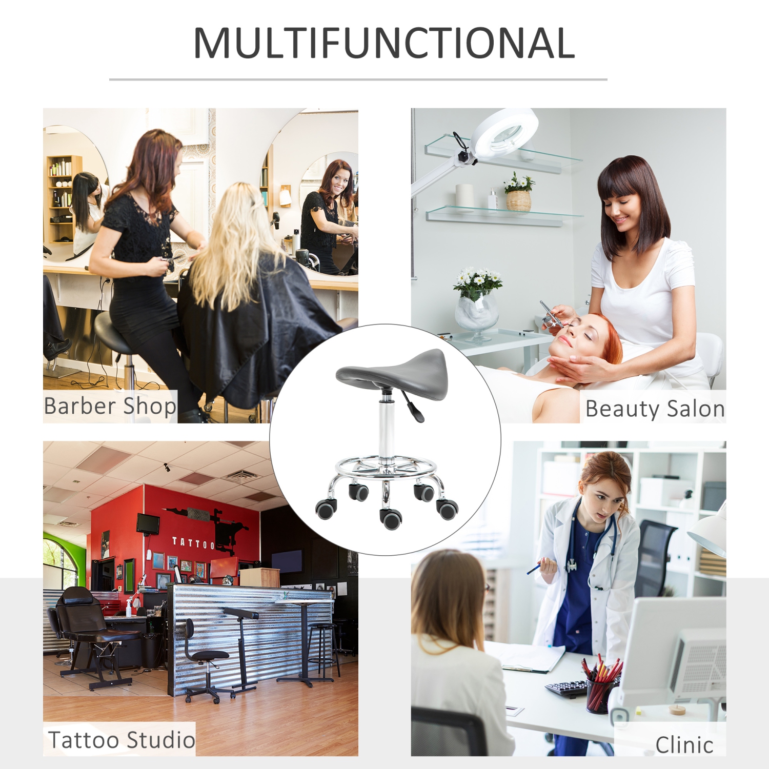 HOMCOM Saddle Stool, PU Leather Adjustable Rolling Salon Chair for Massage, Spa, Clinic, Beauty and Tattoo, Grey