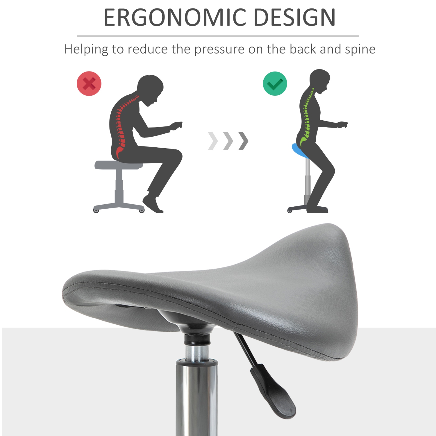 HOMCOM Saddle Stool, PU Leather Adjustable Rolling Salon Chair for Massage, Spa, Clinic, Beauty and Tattoo, Grey