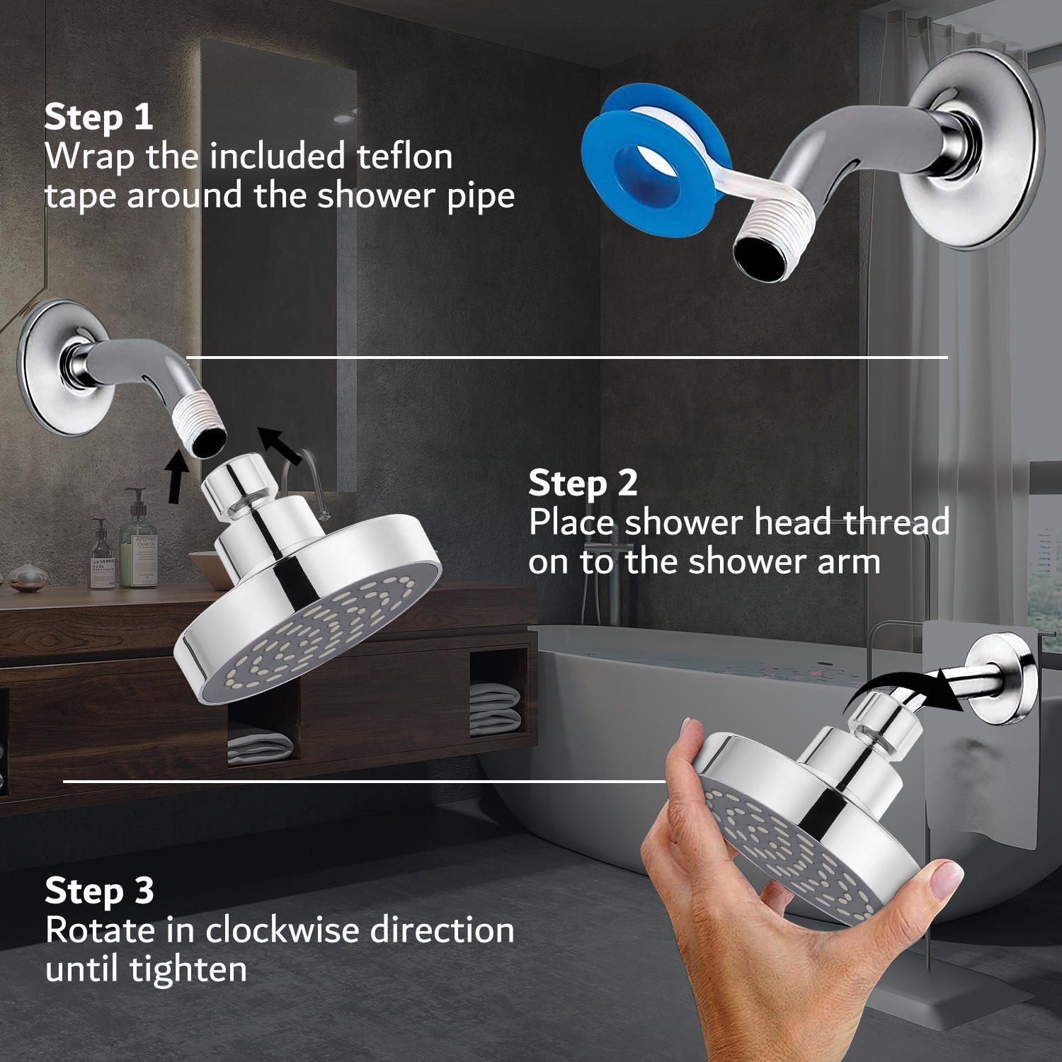 Pommeau de douche pluie de luxe rond de 10,2 cm avec pression d'eau puissante, installation facile