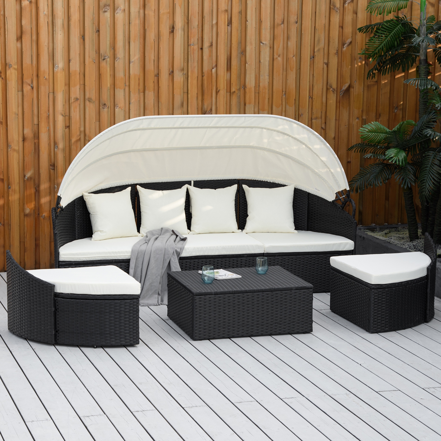 Outsunny 4 Pieces Rattan Daybed Patio PE Wicker Round Furniture Outdoor Rattan Garden Lounge Sofa Sets Sectional Conversation Set with Canopy,