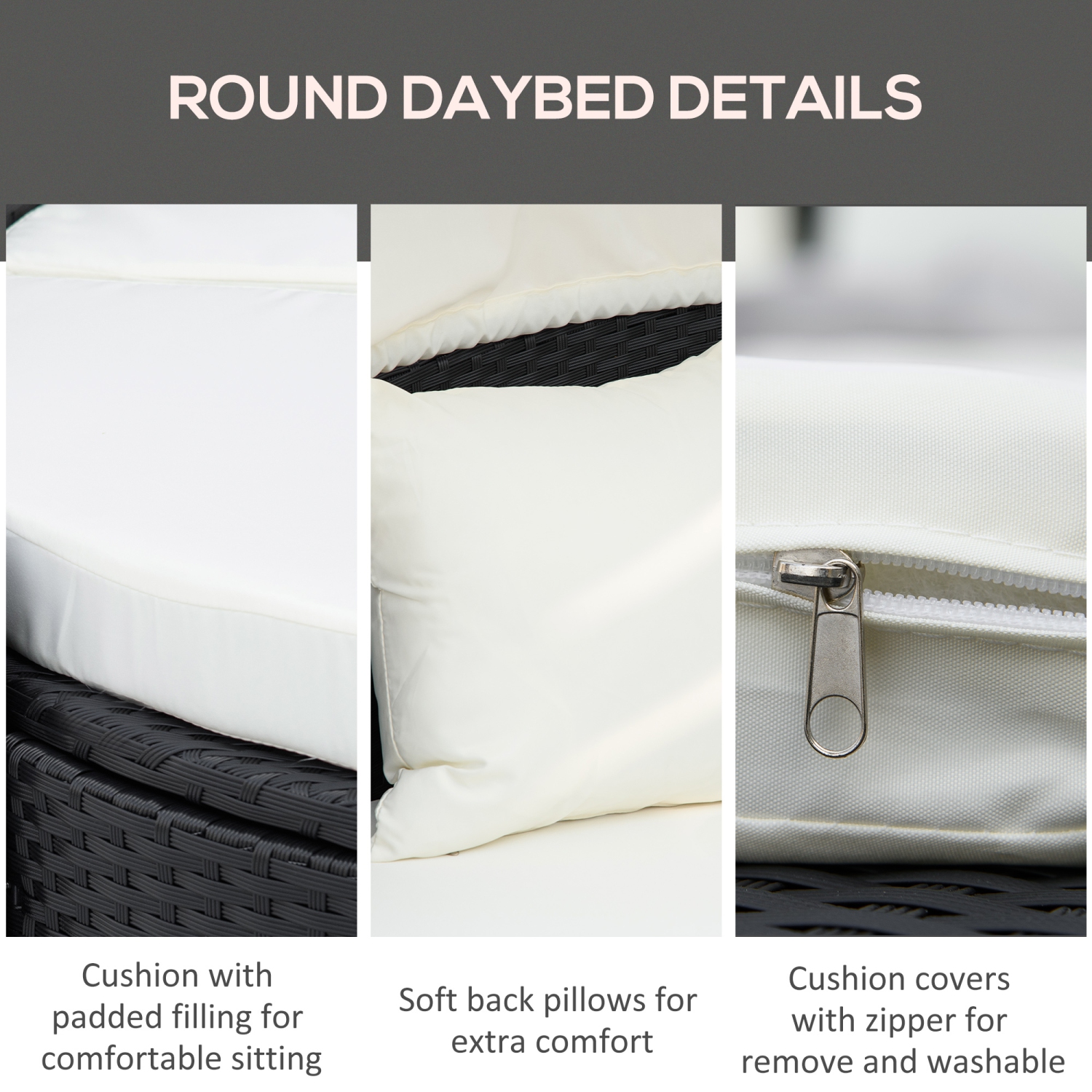 Outsunny 4 Pieces Rattan Daybed Patio PE Wicker Round Furniture Outdoor Rattan Garden Lounge Sofa Sets Sectional Conversation Set with Canopy,