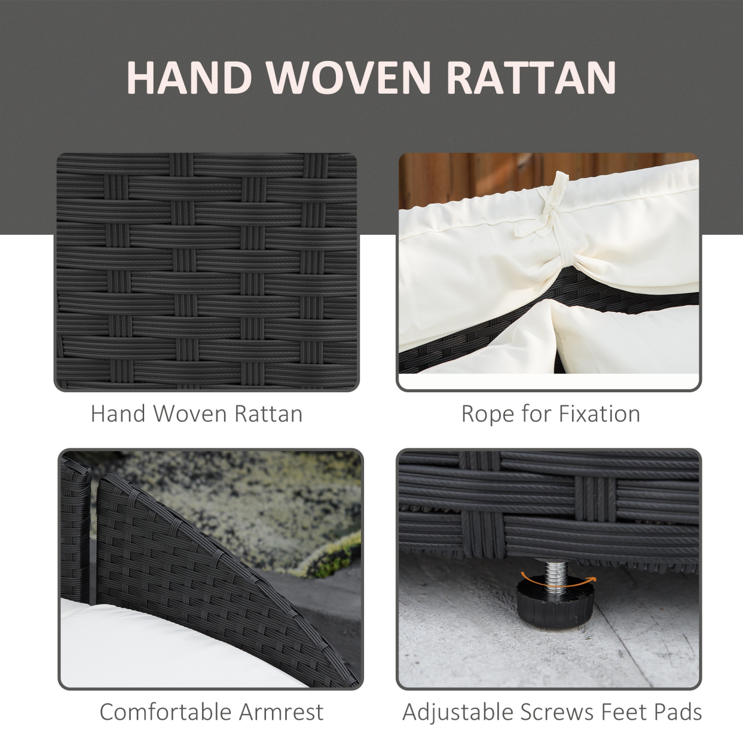 Outsunny 4 Pieces Rattan Daybed Patio PE Wicker Round Furniture Outdoor Rattan Garden Lounge Sofa Sets Sectional Conversation Set with Canopy,