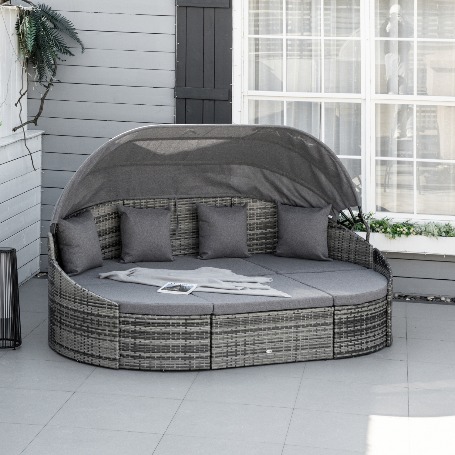 Outsunny 4 Pieces Rattan Daybed Patio PE Wicker Round Furniture Outdoor Rattan Garden Lounge Sofa Sets Sectional Conversation Set with Canopy,