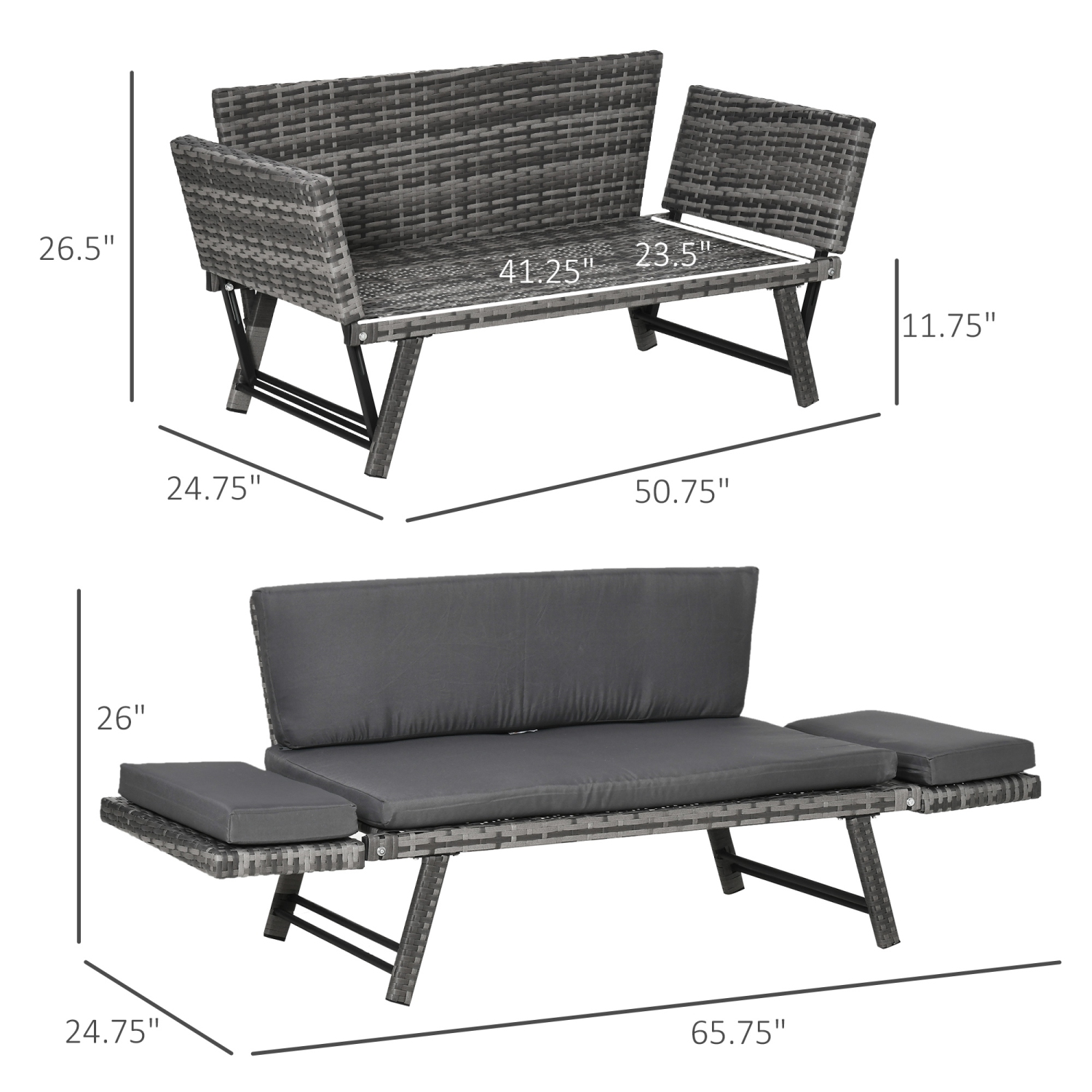 Meubles de patio en osier Outsunny avec coussin, canapé-lit convertible en rotin en polyéthylène pour l'extérieur avec fauteuil réglable, causeuse