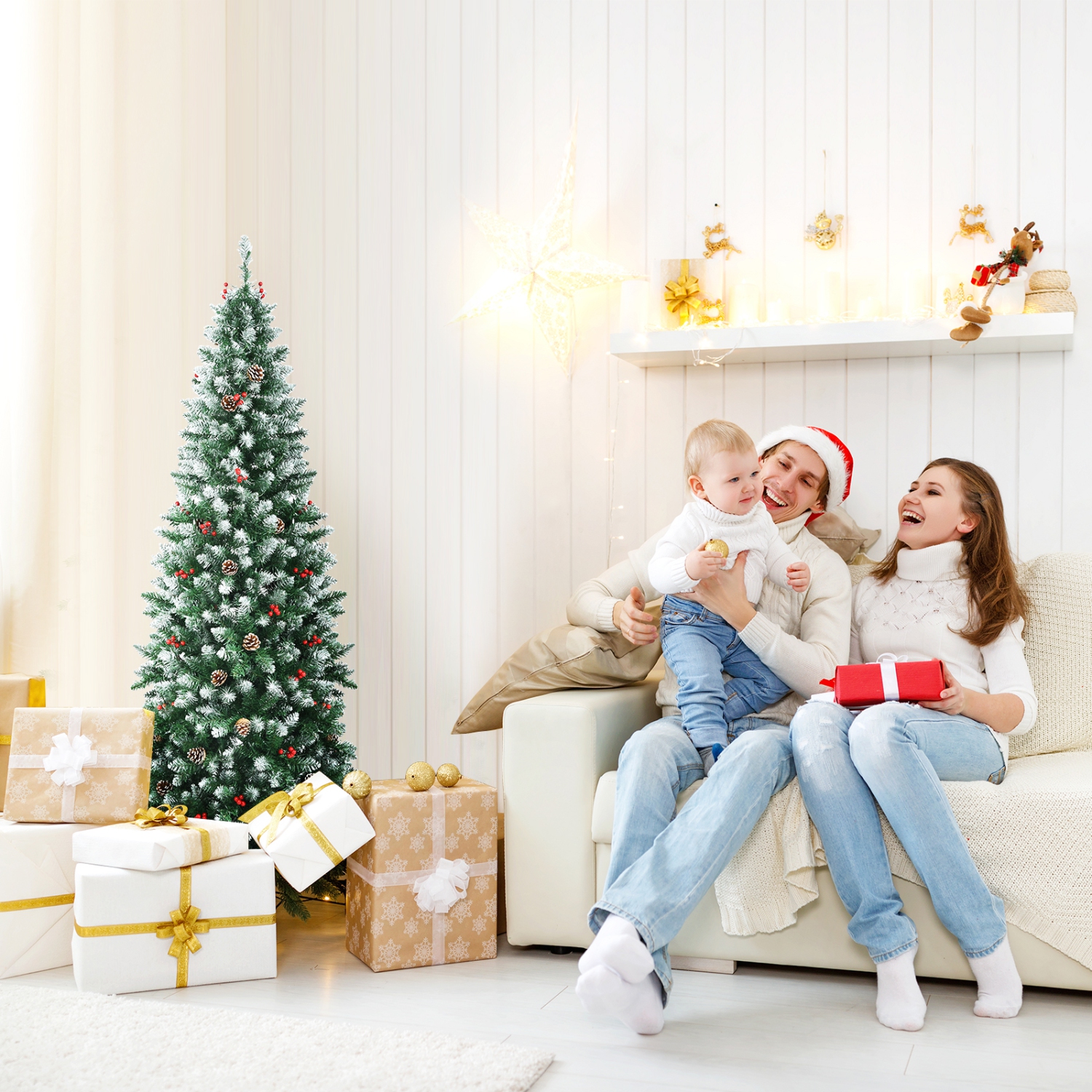 Happygrill 5ft Pre-lit Artificial Christmas Tree Slim Artificial Xmas Tree w/ 250 Replaceable LED Lights & 408 Branch Tips