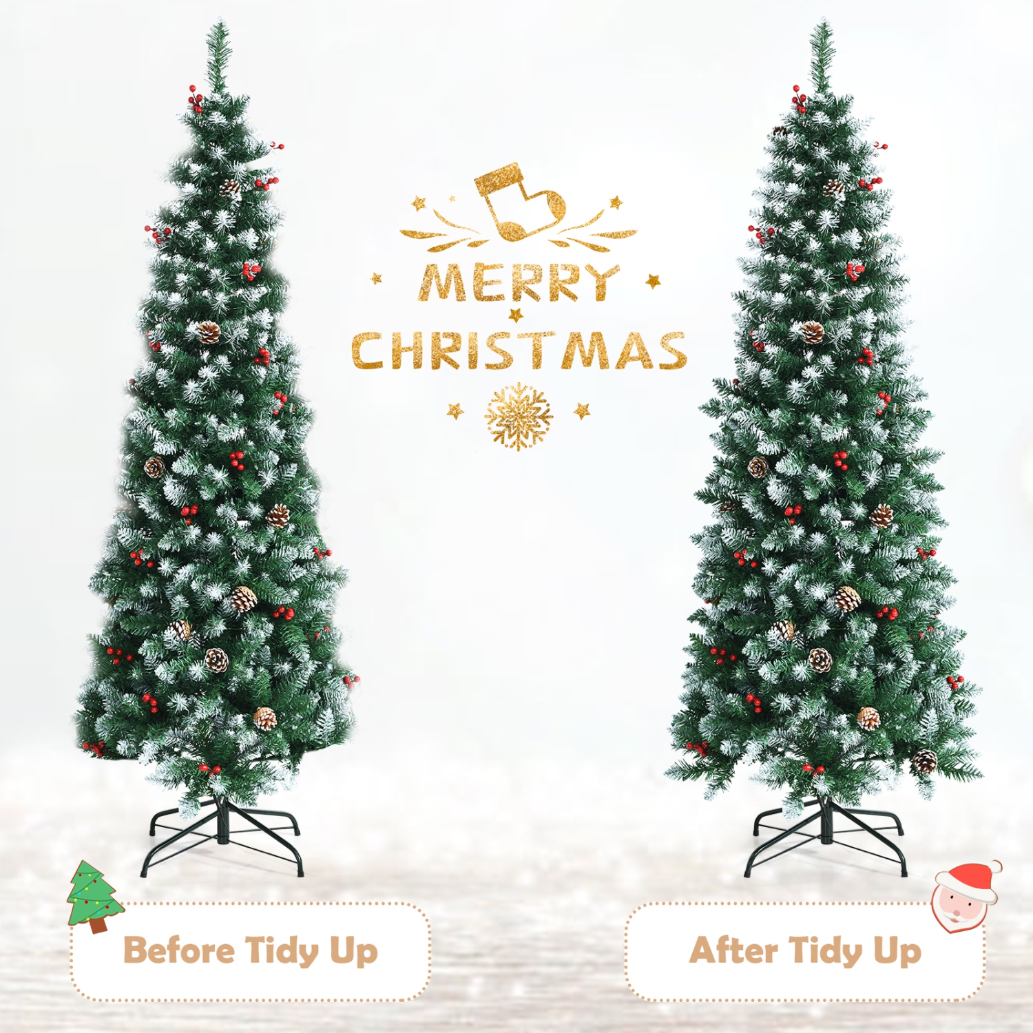 Happygrill 5ft Pre-lit Artificial Christmas Tree Slim Artificial Xmas Tree w/ 250 Replaceable LED Lights & 408 Branch Tips