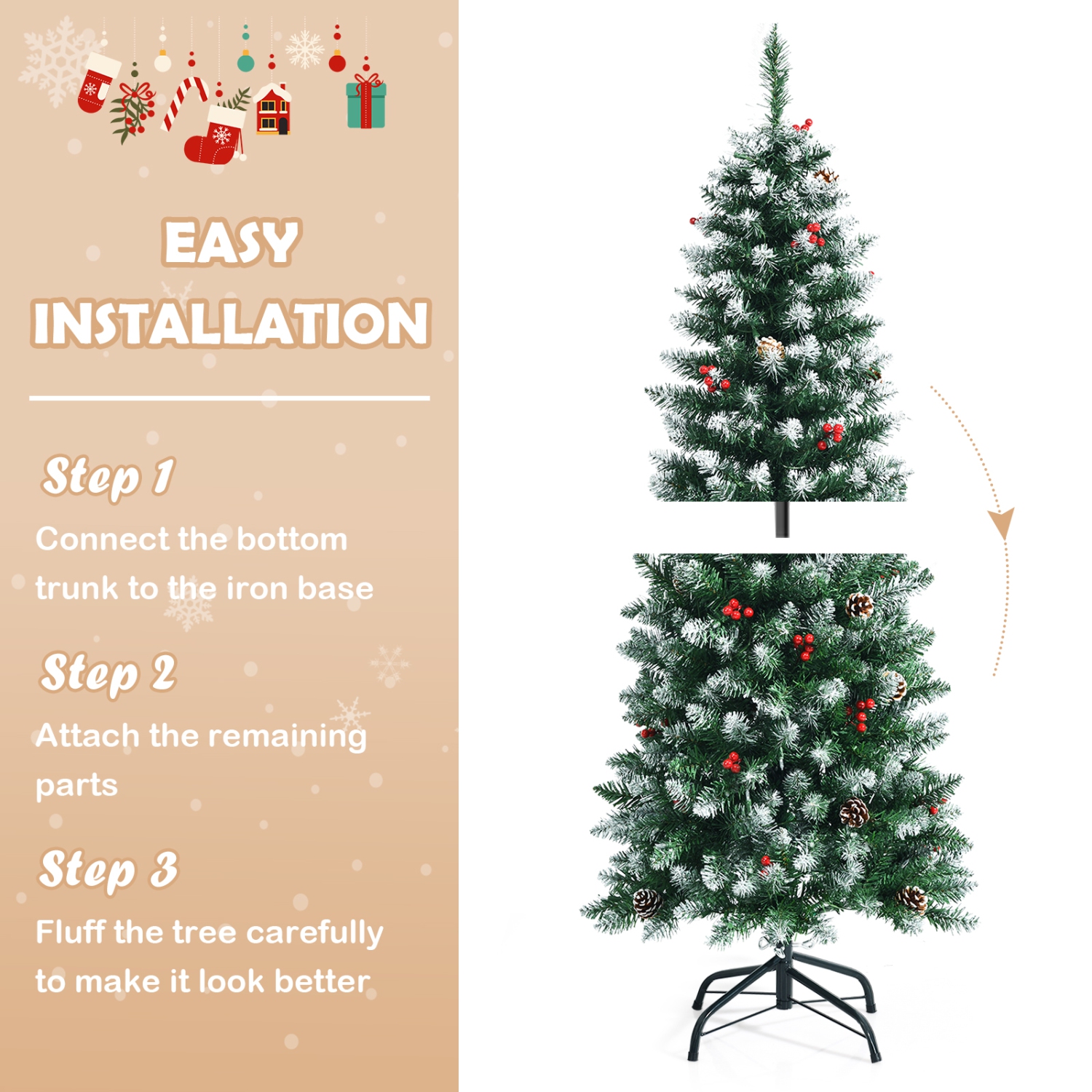 Happygrill 5ft Pre-lit Artificial Christmas Tree Slim Artificial Xmas Tree w/ 250 Replaceable LED Lights & 408 Branch Tips