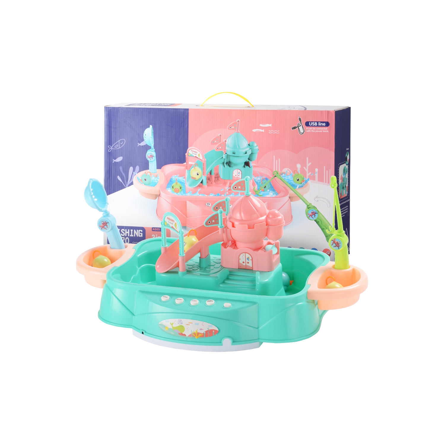 USB Charging Fishing Games Toys for Kids Music Electric Fishing Toy with 2pcs fish containers and poles ,with music, melody, story, vehicle and