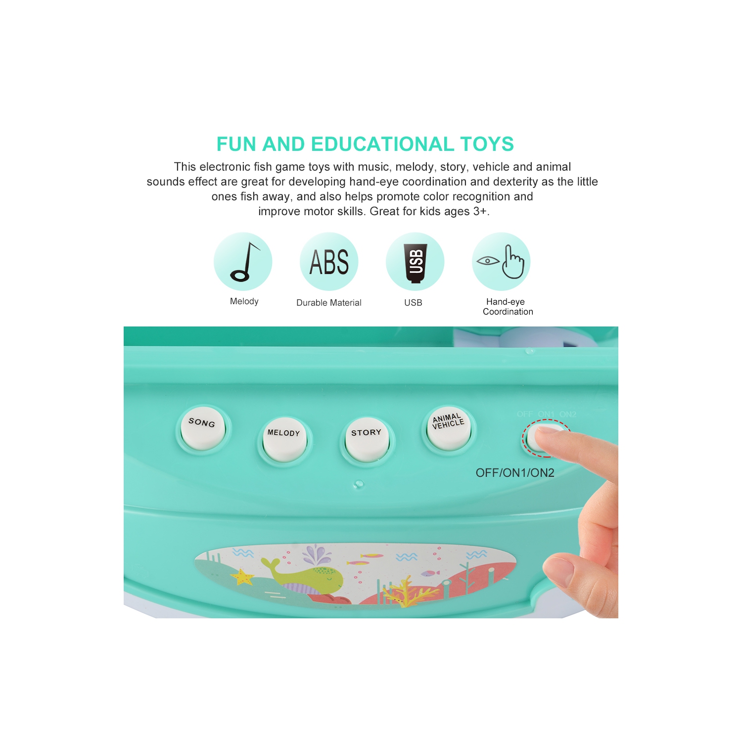 USB Charging Fishing Games Toys for Kids Music Electric Fishing Toy with 2pcs fish containers and poles ,with music, melody, story, vehicle and