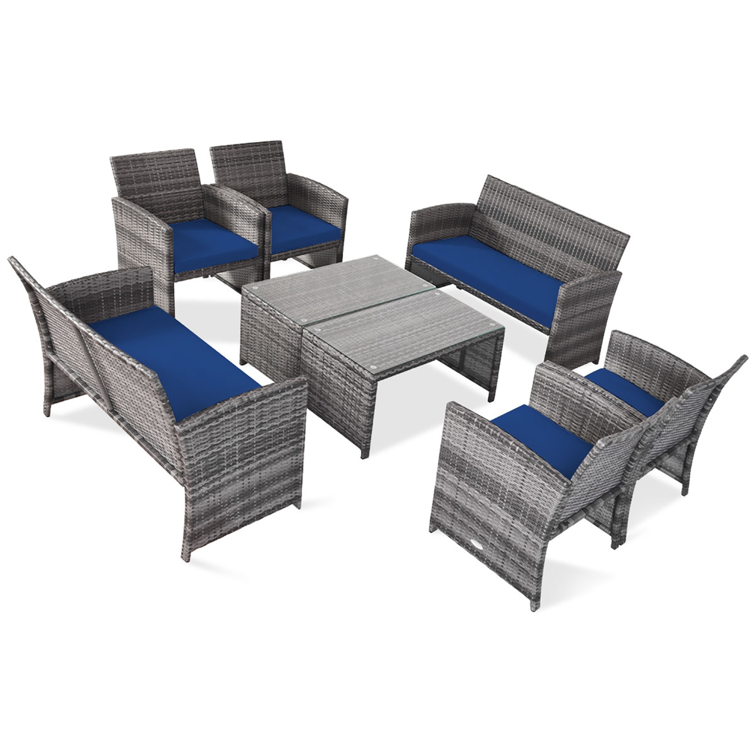 8PC Ensemble de mobilier de patio en rotin Canapé Fauteuil Table basse en verre et coussin Costway