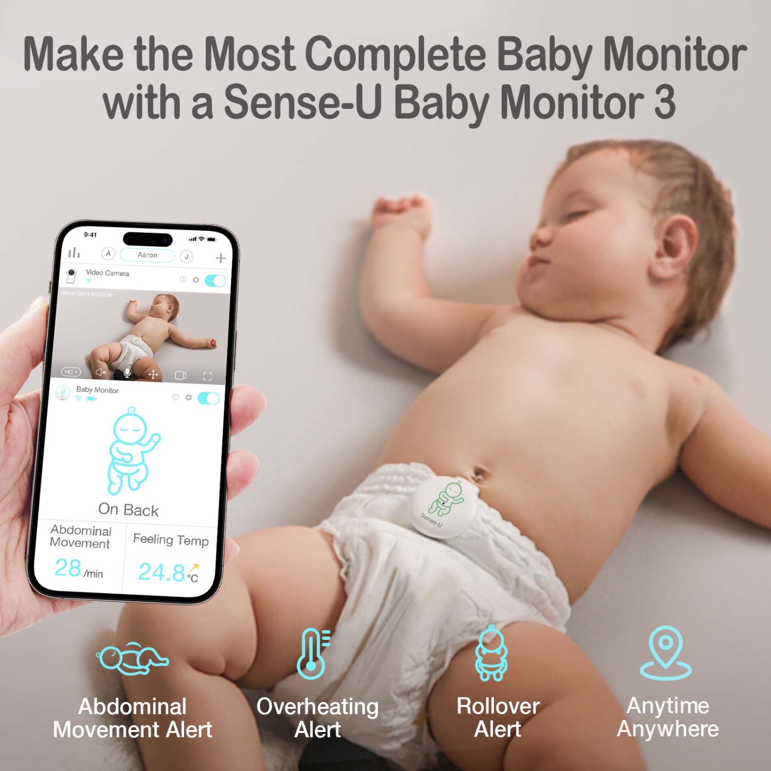 Moniteur vidéo pour bébé Sense-U avec caméra à distance Pan-Tilt-Zoom, Conversation bidirectionnelle, Vision nocturne, Audio de fond, Détection de