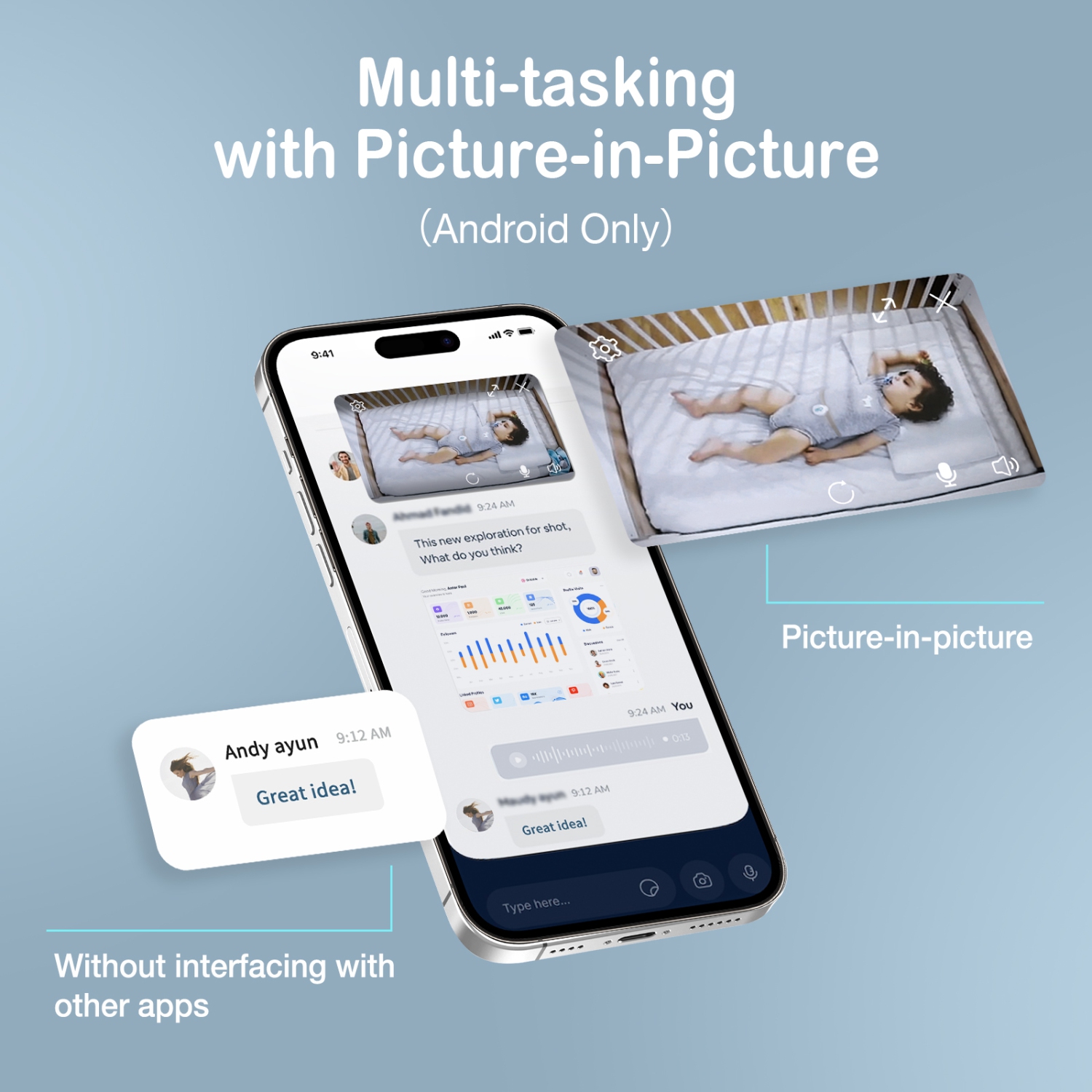 Moniteur vidéo pour bébé Sense-U avec caméra à distance Pan-Tilt-Zoom, Conversation bidirectionnelle, Vision nocturne, Audio de fond, Détection de