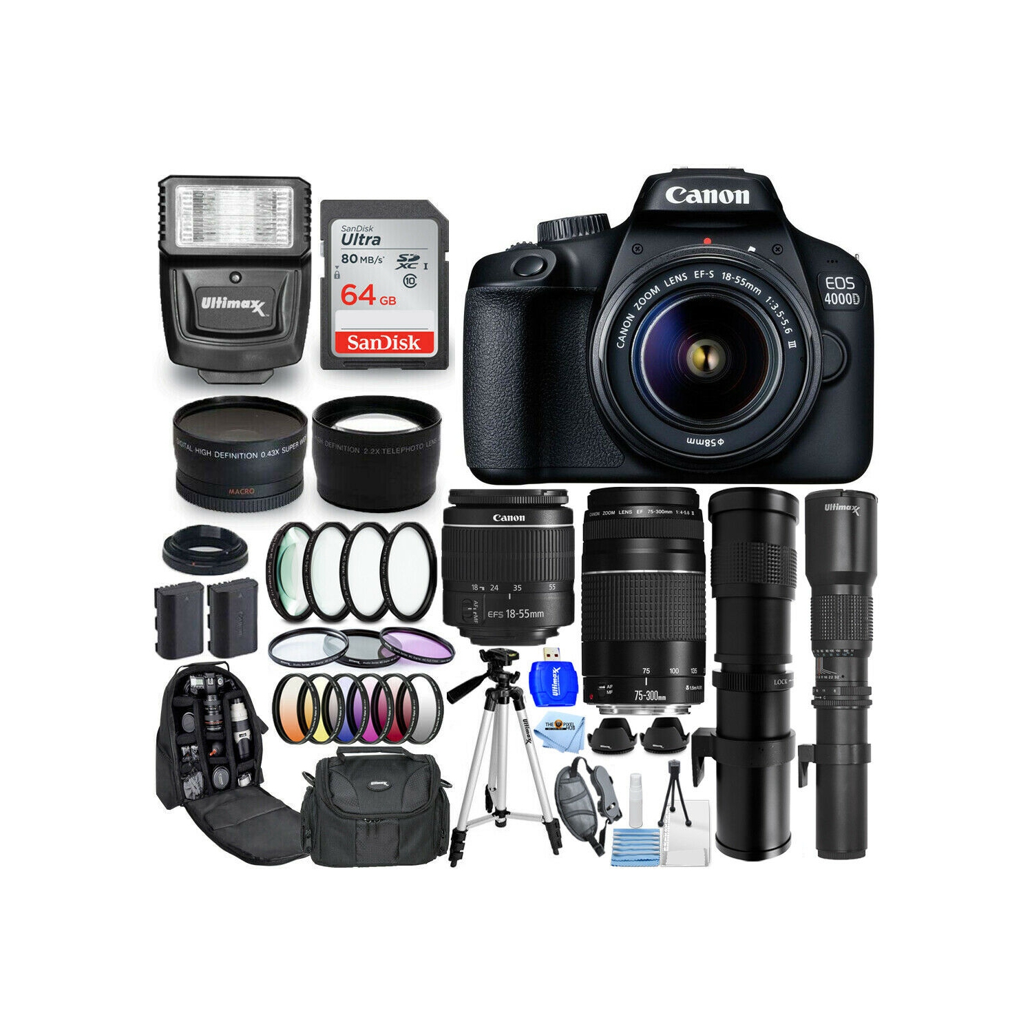 Canon EOS 4000D/Rebel T100 18-55mm III + 75-300mm + 500mm + 420-800mm - 64GB Kit