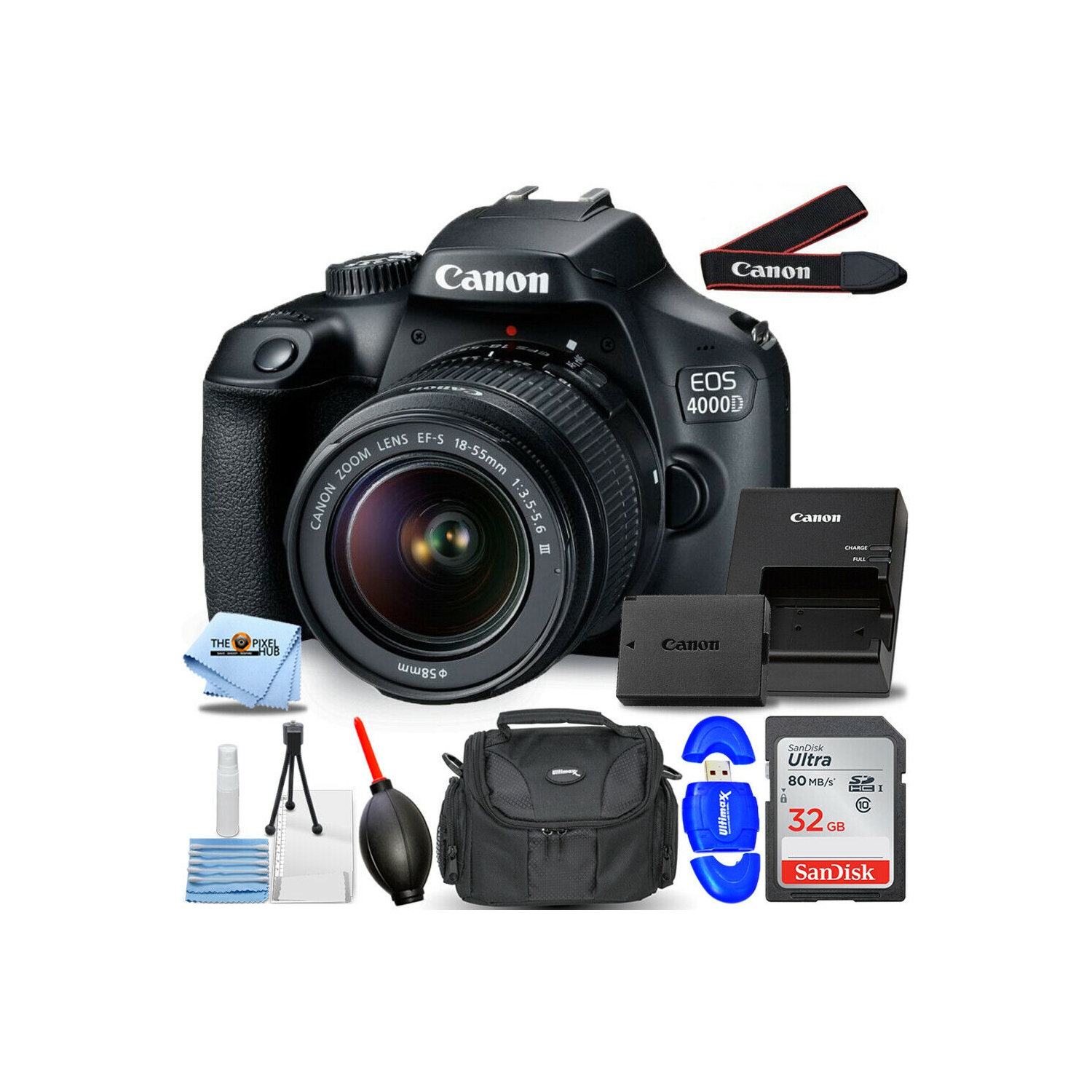 Canon EOS 4000D / Rebel T100 with EF-S 18-55mm III Lens - 7PC Accessory Bundle Includes: Sandisk Ultra 32GB SD, Memory Card Reader, Gadget Bag, Blower. Microfiber Cloth and Cleaning Kit
