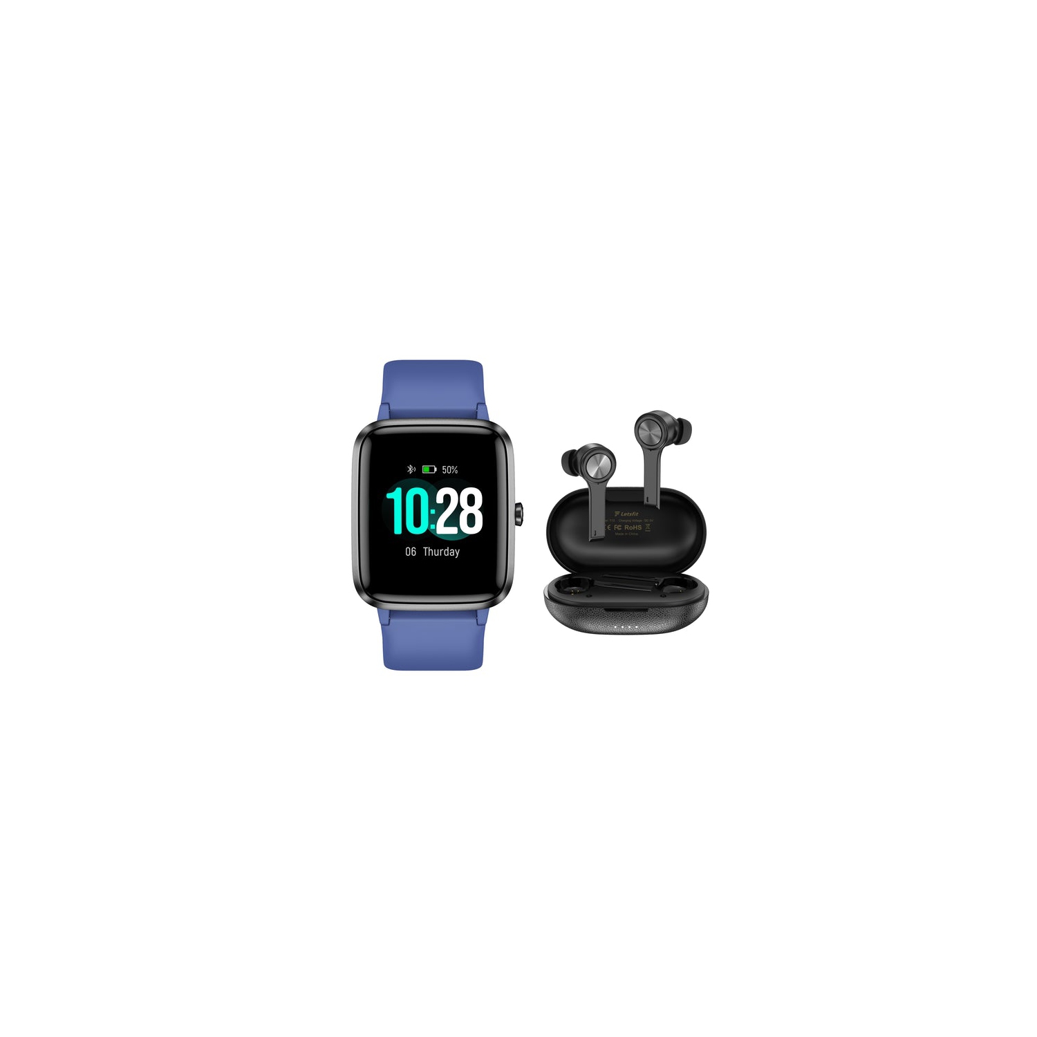 Letscom Bundle 205L Smartwatch & T13 True Wireless Earbuds with Charging Case and Microphone by Letsfit - Blue