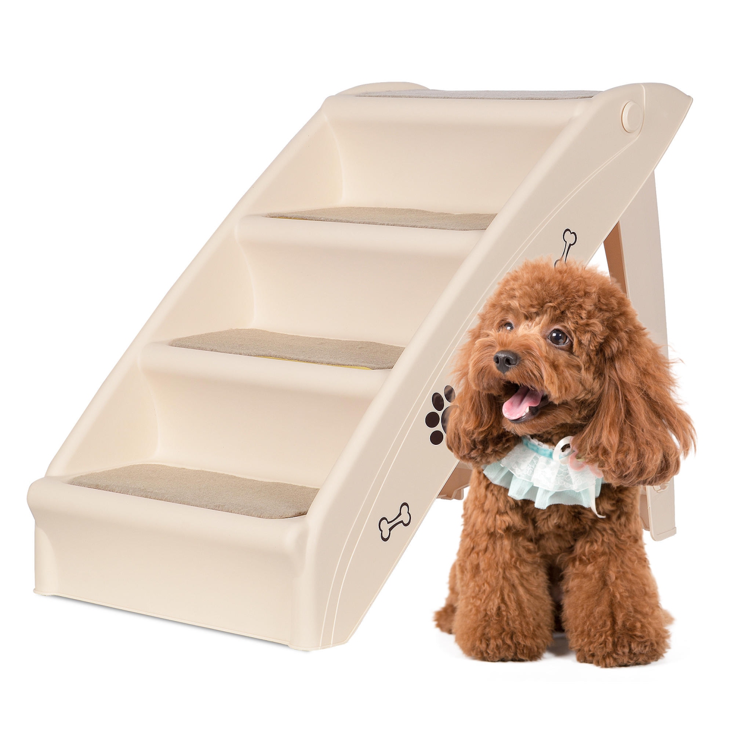 Escalier pliable stable en plastique PP pour animaux de compagnie, 4 marches, avec coussin antidérapant pour les animaux plus âgés ou plus petits