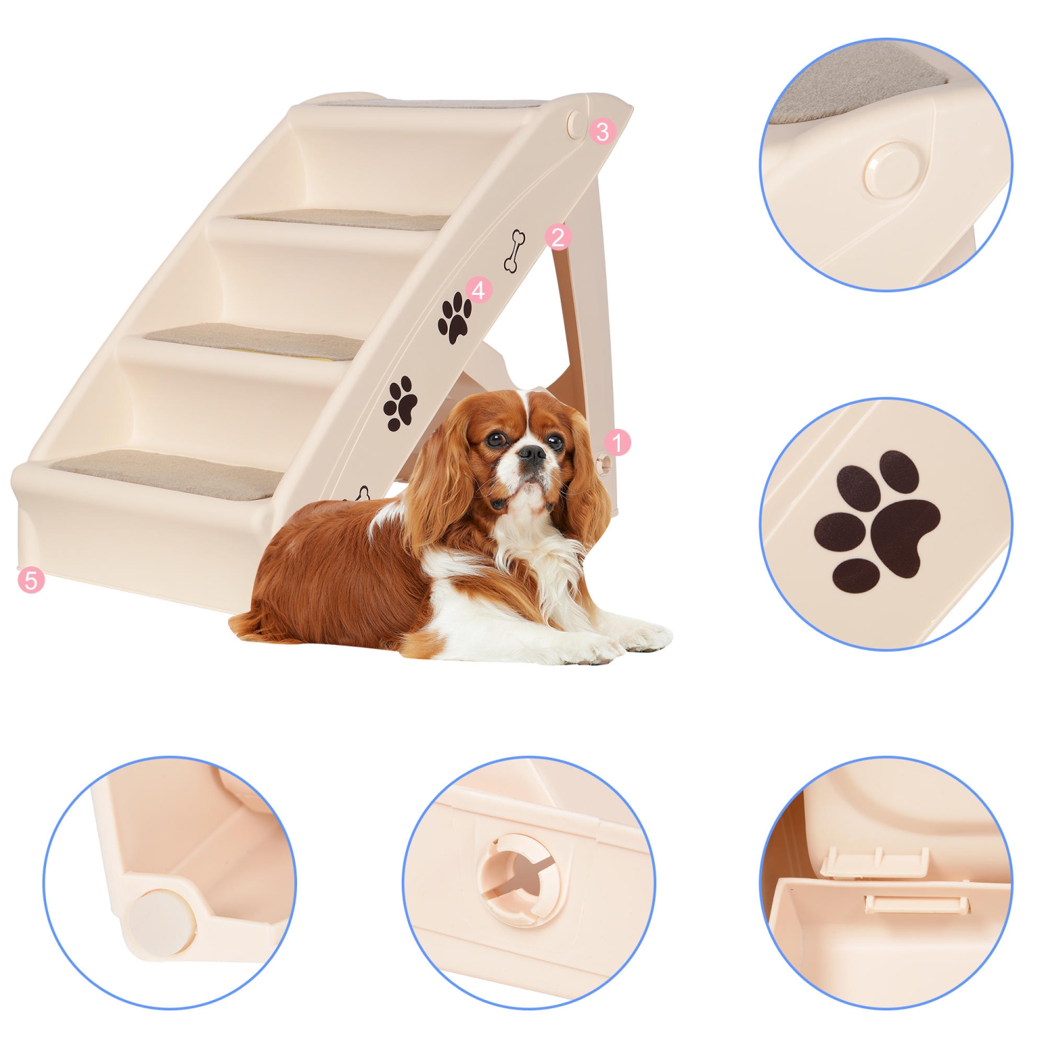 Escalier pliable stable en plastique PP pour animaux de compagnie, 4 marches, avec coussin antidérapant pour les animaux plus âgés ou plus petits