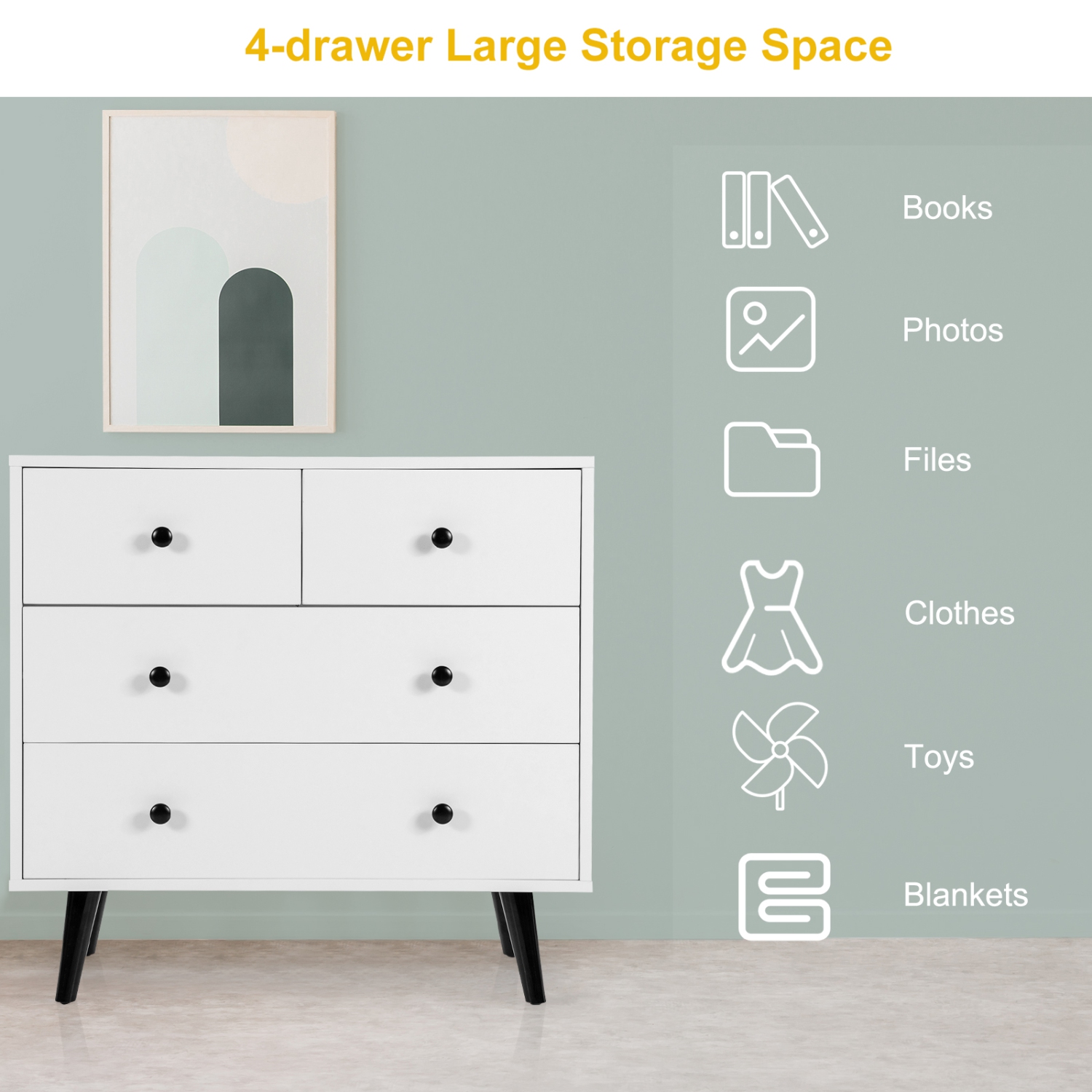 Commode à 4 tiroirs de TopBuy pour chambre à coucher, blanc