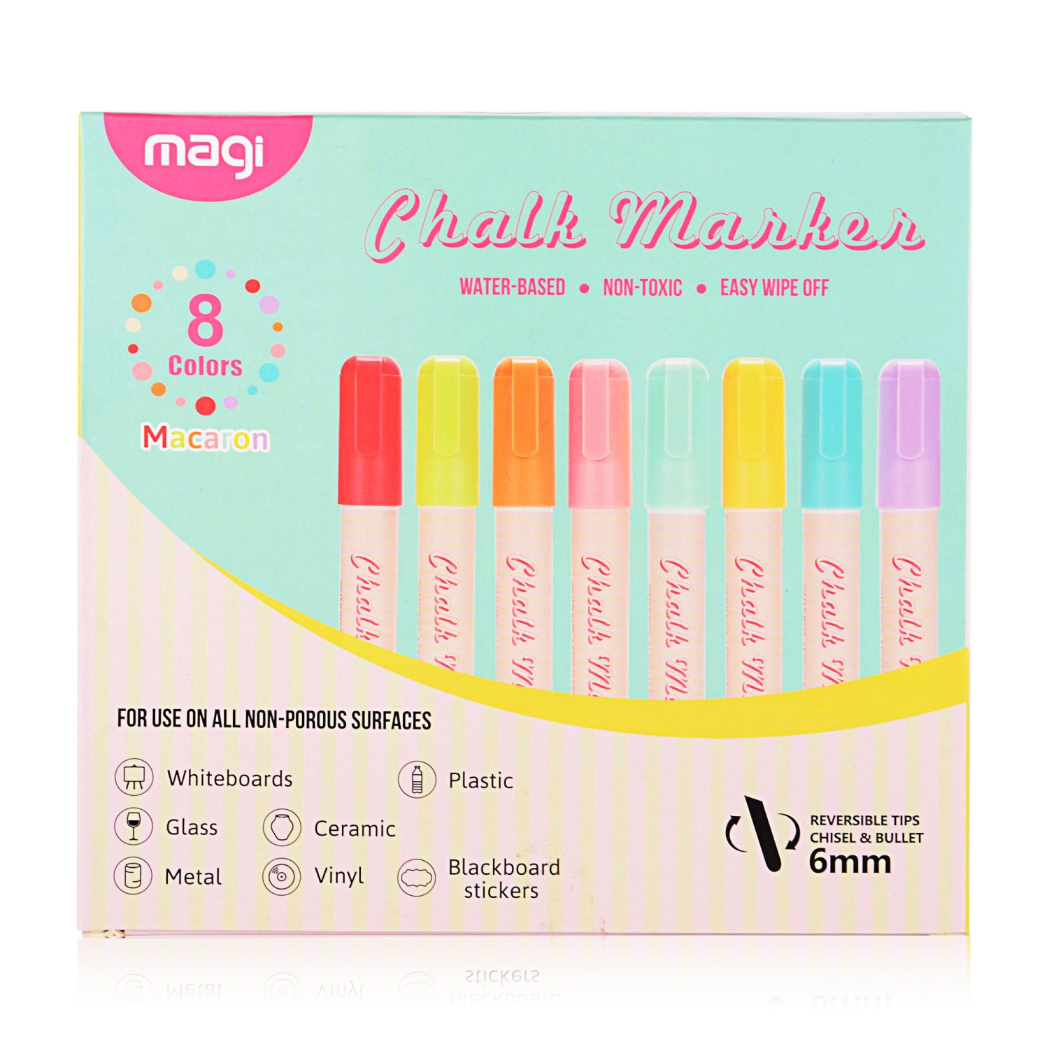 Marqueurs à craie liquide pour bricolage avec pointe réversible de 6 mm, burin et balle, 8 couleurs assorties, cadeau pour enfant