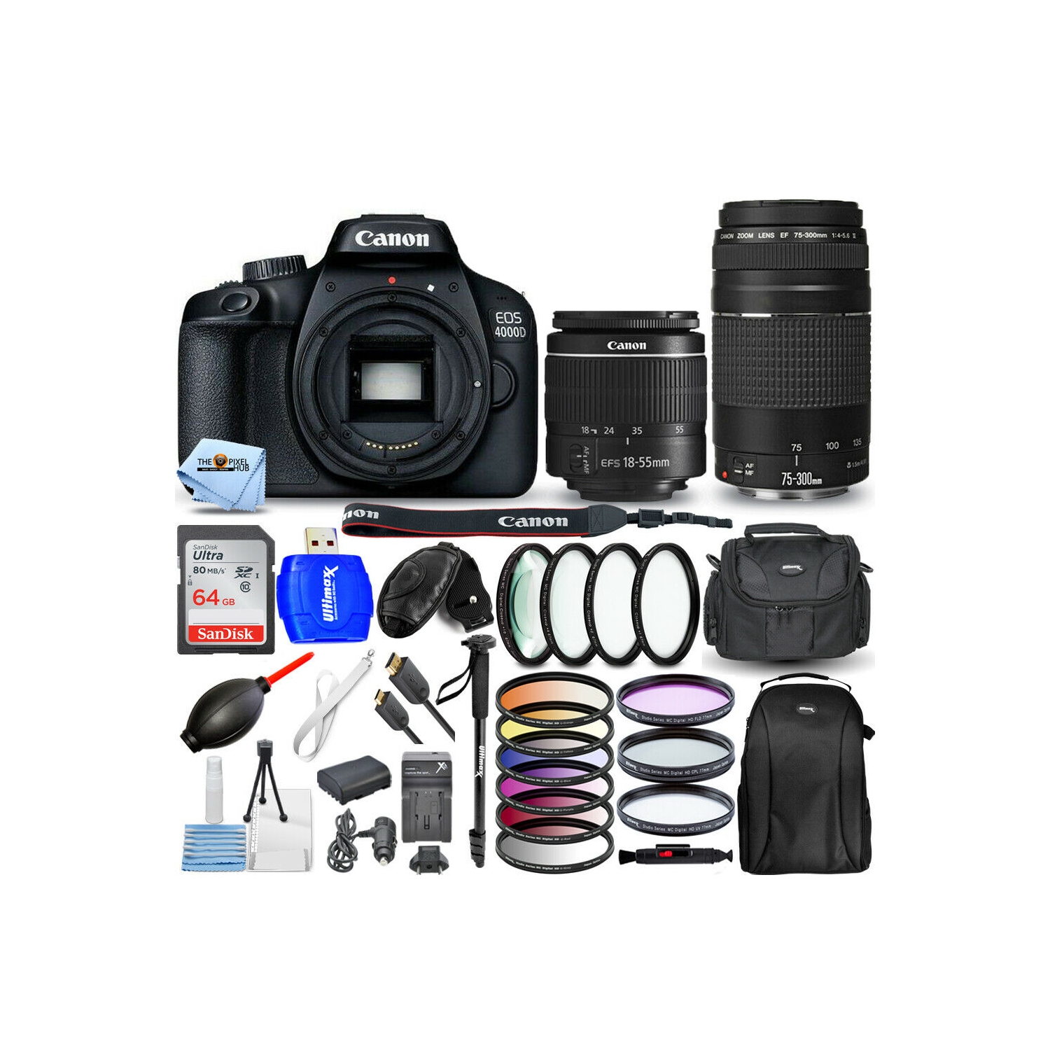 Canon EOS 4000D / Rebel T100 4 Lenses 18-55mm + 75-300mm + 64GB - Top Value Bundle