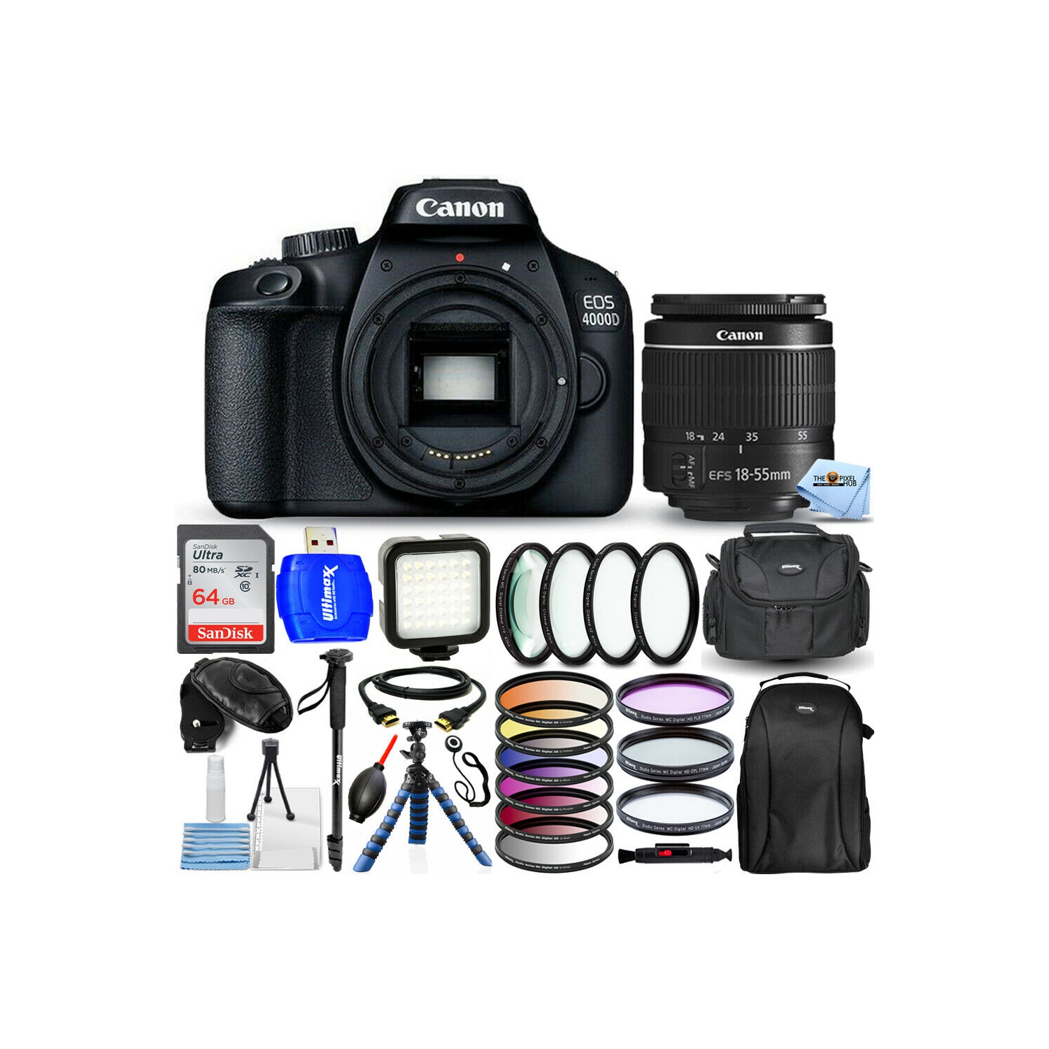 Canon EOS 4000D/Rebel T100 with 18-55mm + 64GB + Filter Kit + Backpack Bundle