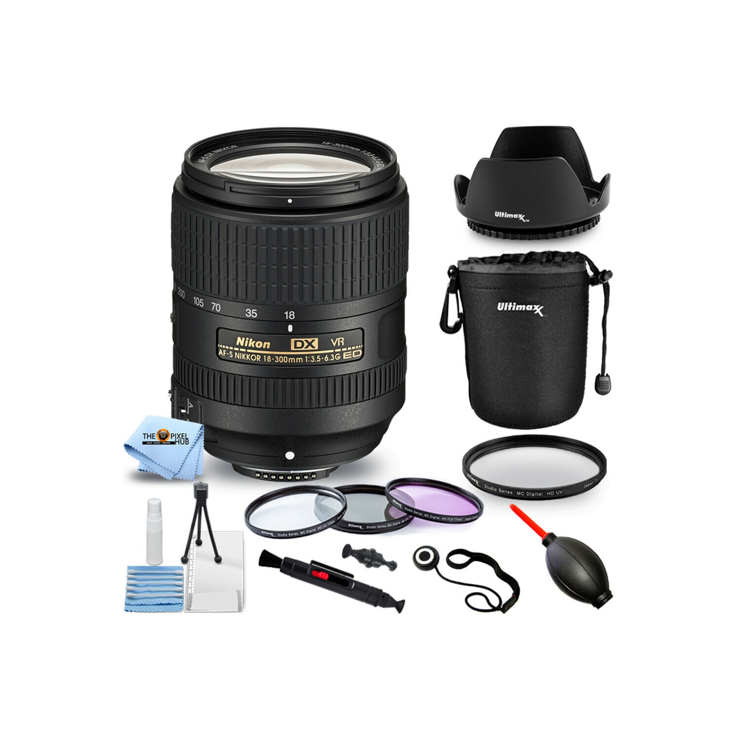Objectif Nikon AF-S DX NIKKOR 18-300 mm ED VR + kit de filtres + pochette d'objectif